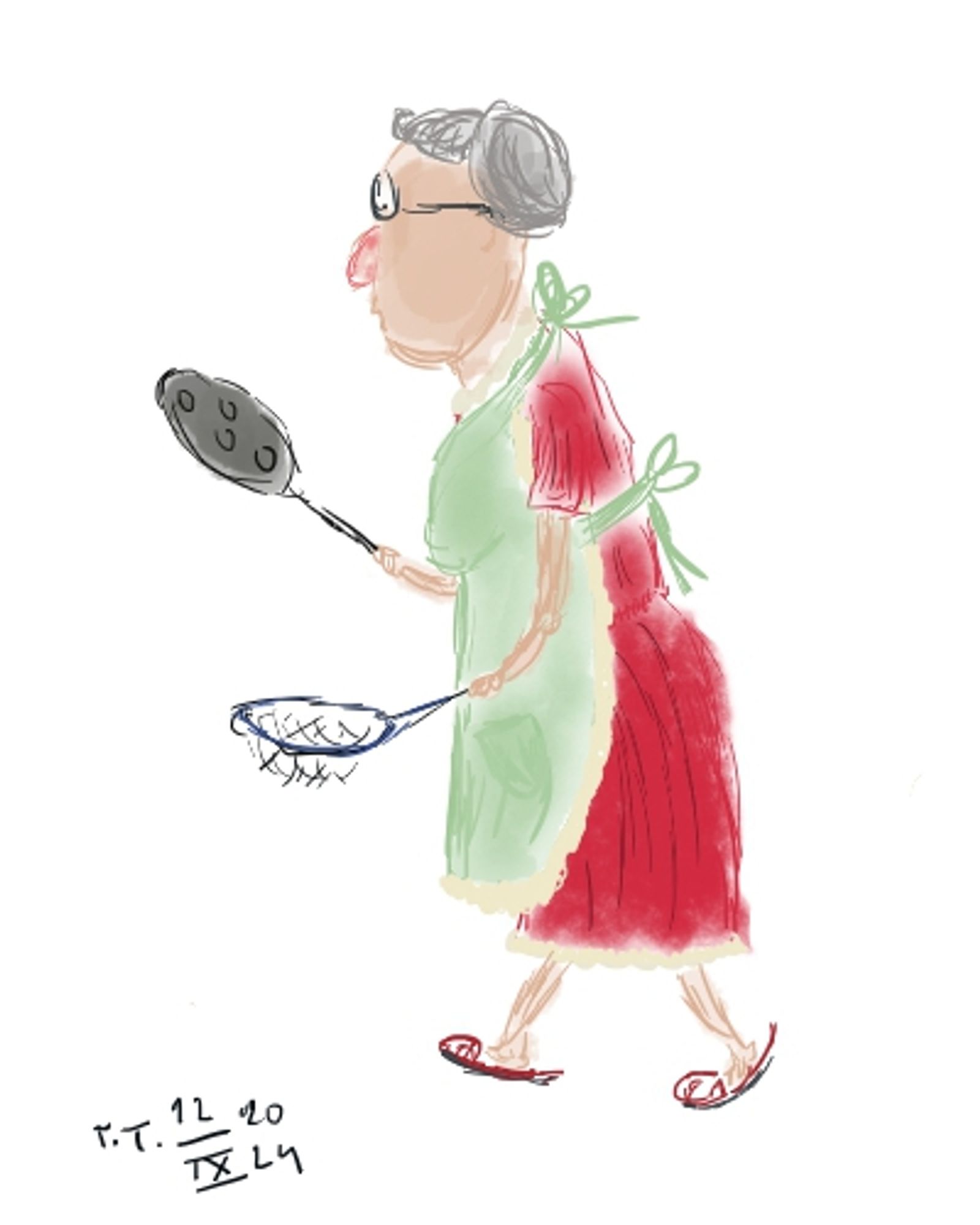 A lady with grey hair in a large bun, wearing a red house dress, light green apron, and red slippers. She holds a frying pan, and a sieve.