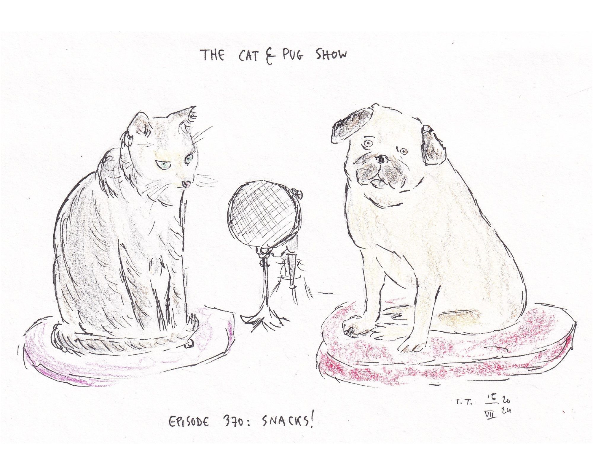 Drawing, pen and colour pencil. A grey cat on a purple cushion sits across the microphone from a pug, who sits on a red cushion. Text over them reads ”The cat & pug show”, and the text underneath ”episode 370: snacks!”.