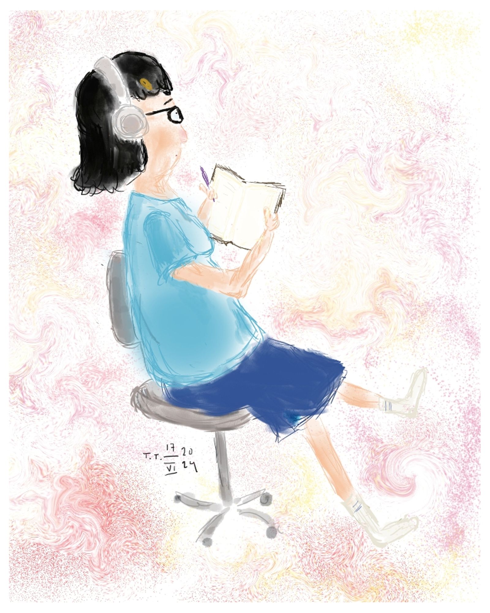 Digital drawing. A girl sits on a grey office chair, lost in thought, looking slightly up. She's dark haired, with black glasses, light blue tee shirt, dark blue skirt, and white socks. In her hair is a yellow barrette. She holds a notebook in her right hand, and a pen in the left.