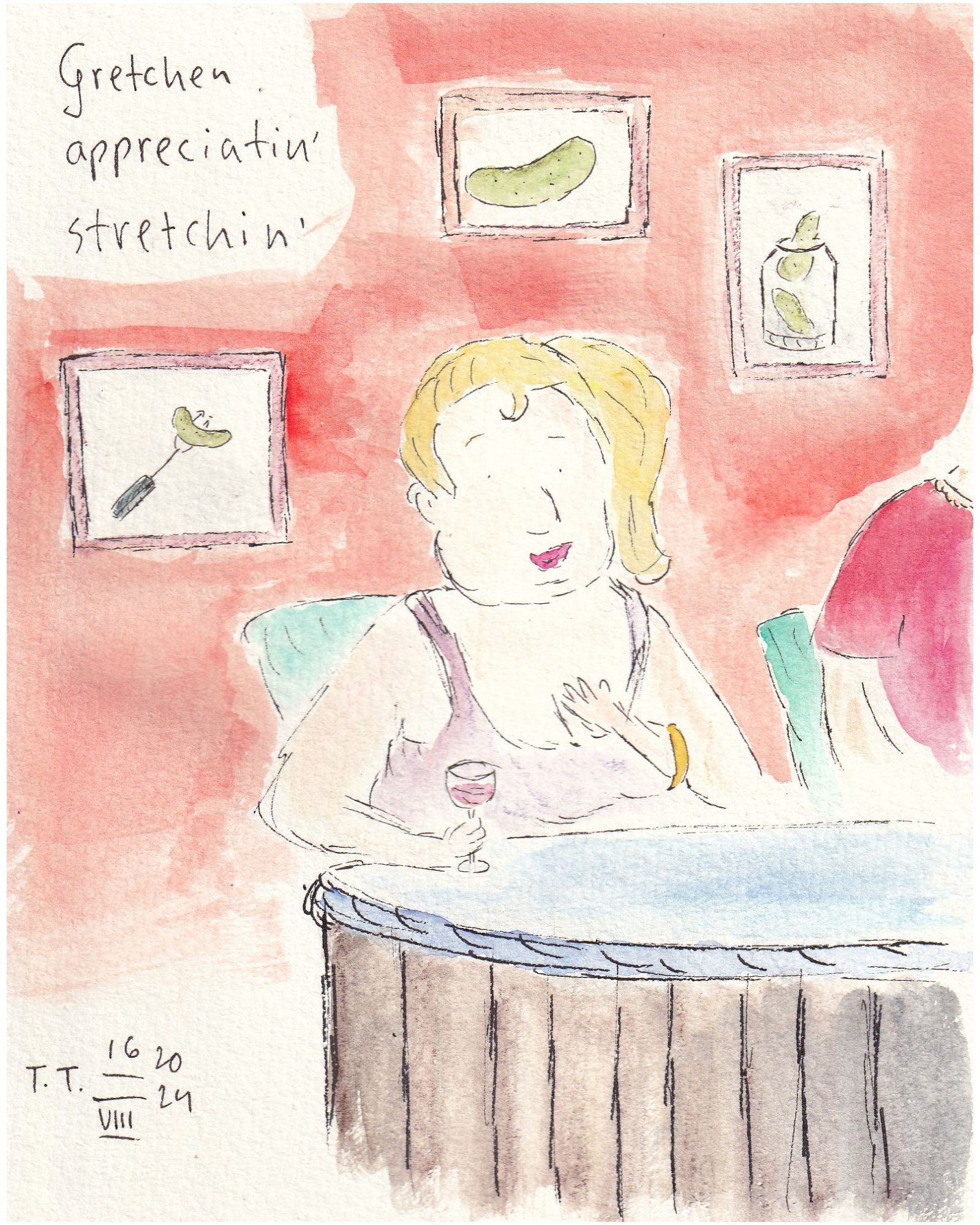 Pen drawing and watercolour painting, with watercolour and graphite pencils, and pastels. Top left corner reads ”Gretchen appreciatin' stretchin'”. The walls are salmon pink, on which hangs three paintings, all of which feature pickles. A blond haired woman, with a purple tank top, sits at a blue catwalk. She holds a drink in her right hand, and touches her décoletage with her left hand. To her left sits a person in a maroon, cream coloured frock, who's only seen in part.