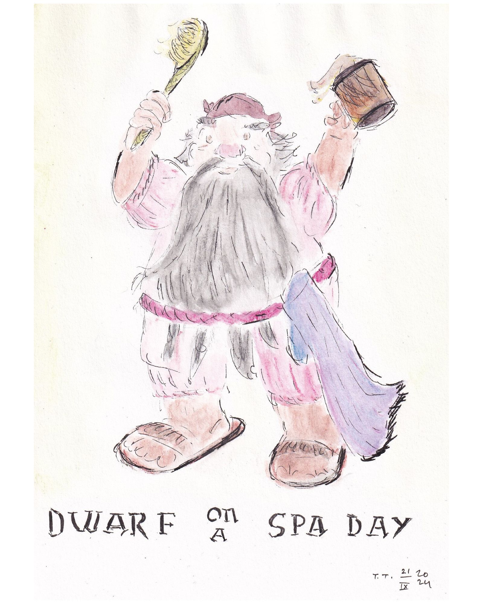 Painting in watercolour pens, graphite pens, and pastels. A drawf, hoisting a bath brush in one hand, and a wooden beer tankard in the other. The dwarf has a long grey beard, bushy eyebrows, and wear a striped bathing suit with short sleeves and legs, and brown, open toed slippers. Around their waist is a pink belt, under which they have tucked their beard, and a purple towel. Text underneath the picture reads ”dwarf on a spa day”.