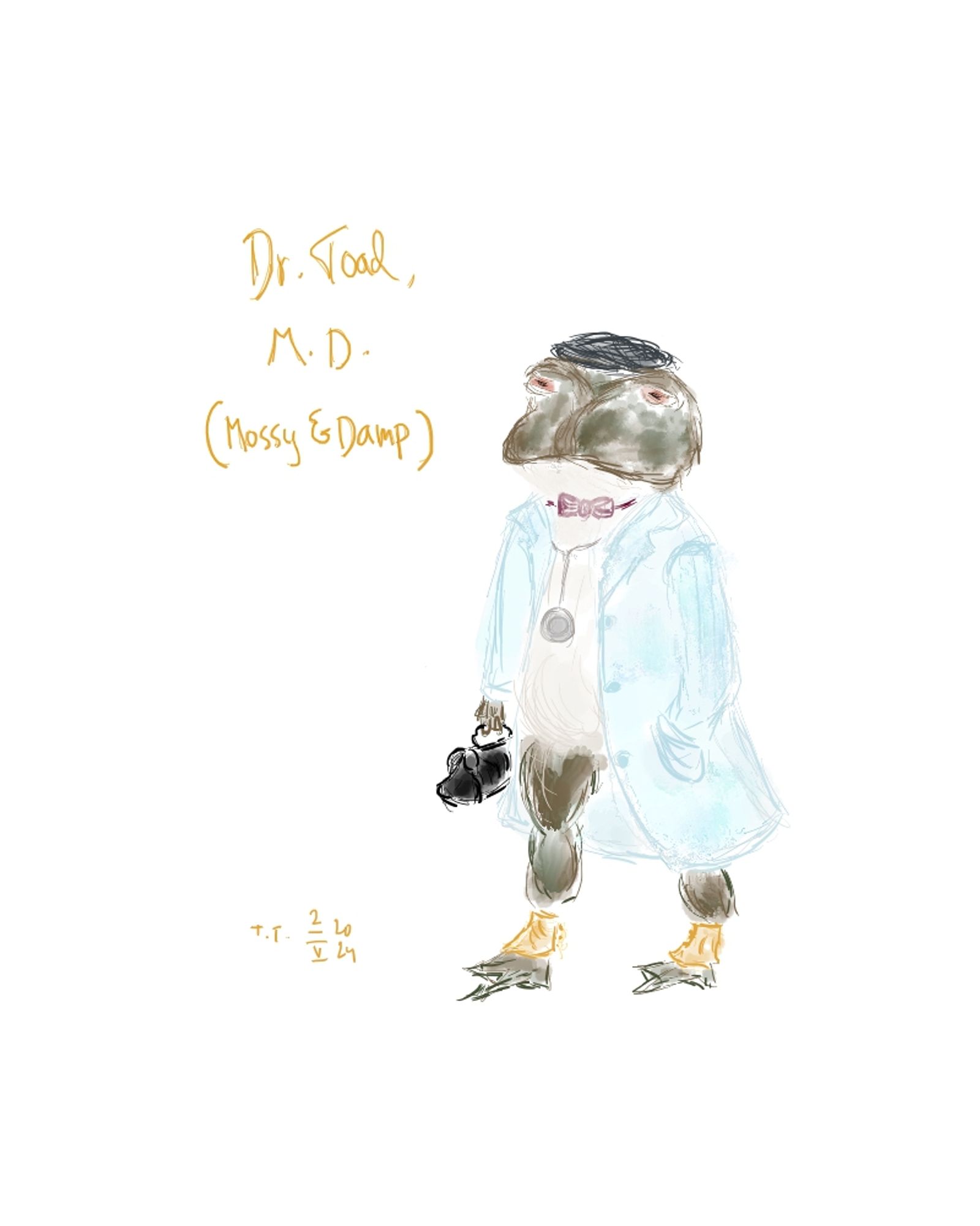 Digital drawing, with the text ”Dr Toad, M.D. (Mossy & Damp)”.
A green and brown toad, with a white underbelly, standing on its hind legs. The toad wears a grey cap, light blue coat, a burgundy bow tie, and yellow spats. It carries a black doctor's bag in one front leg, the other is in the coat's pocket. Around its neck, and on his chest, rests a stethoscope.