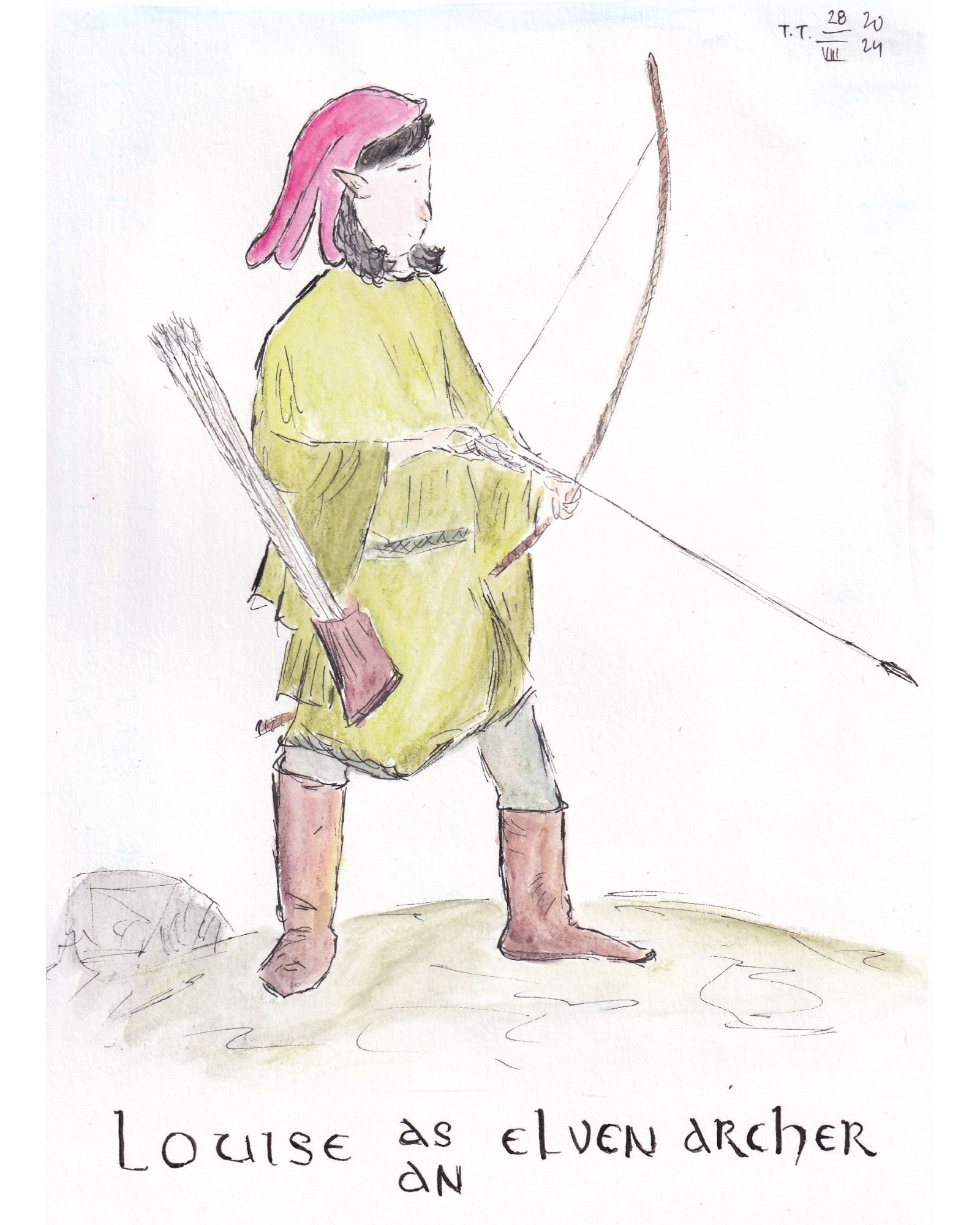 Pen and watercolour on paper. An elven archer, wearing a long pink hat, green tunic and trousers, long brown boots. She holds a longbow, with an arrow nocked, and on her side hangs a quiver full of arrows. Beneath the picture reads ”Louise as an elven archer”.