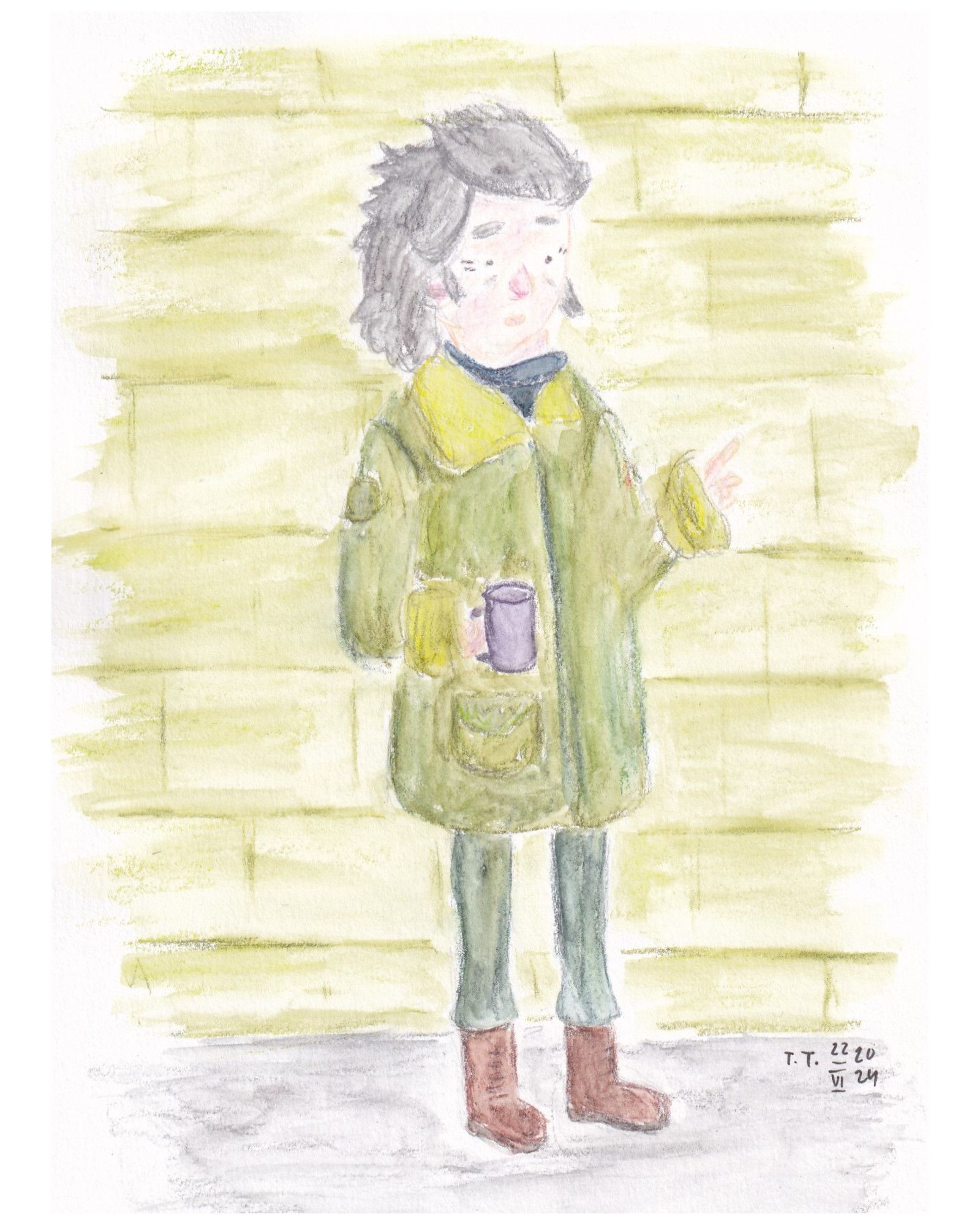 Painting, pencil and watercolour pencil and pastels. A lady stands in front of a green brick wall. Her hair is grey, and overgrown. She wears green coat, green trousers, brown workboots and a blue turtle neck sweater.