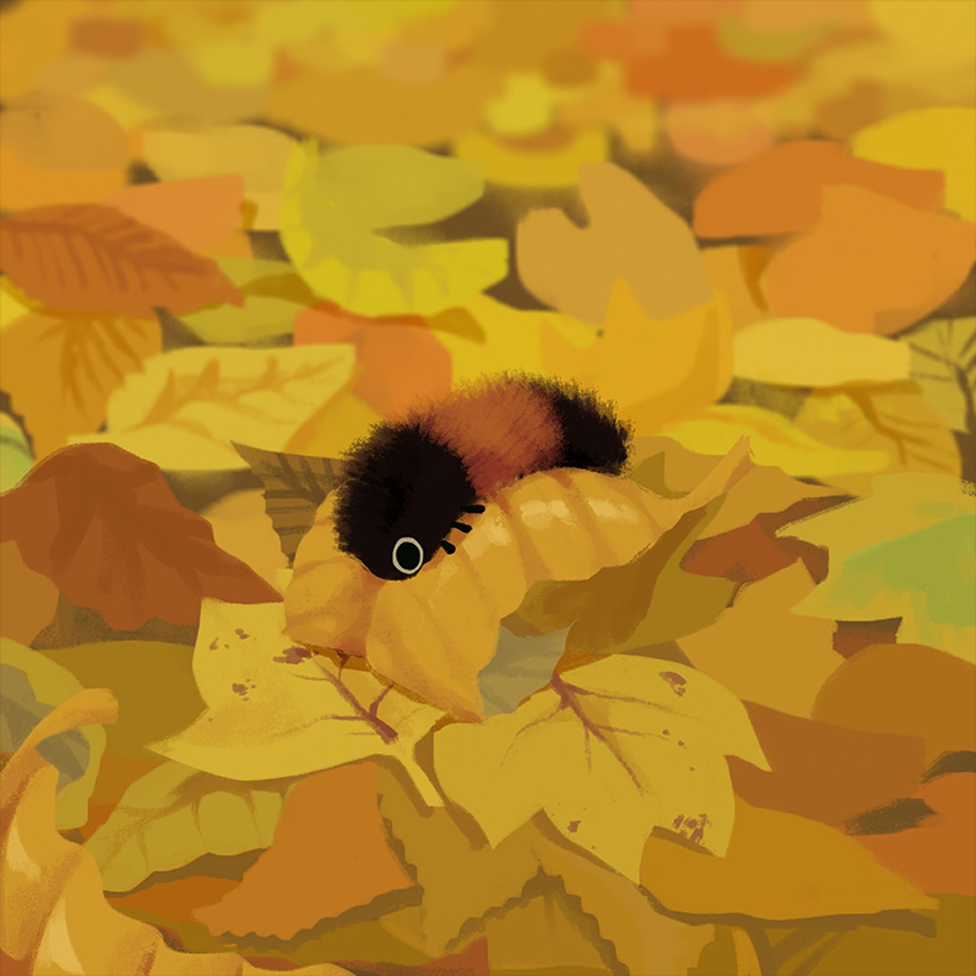 Wooly bear caterpillar painting on yellow leaves