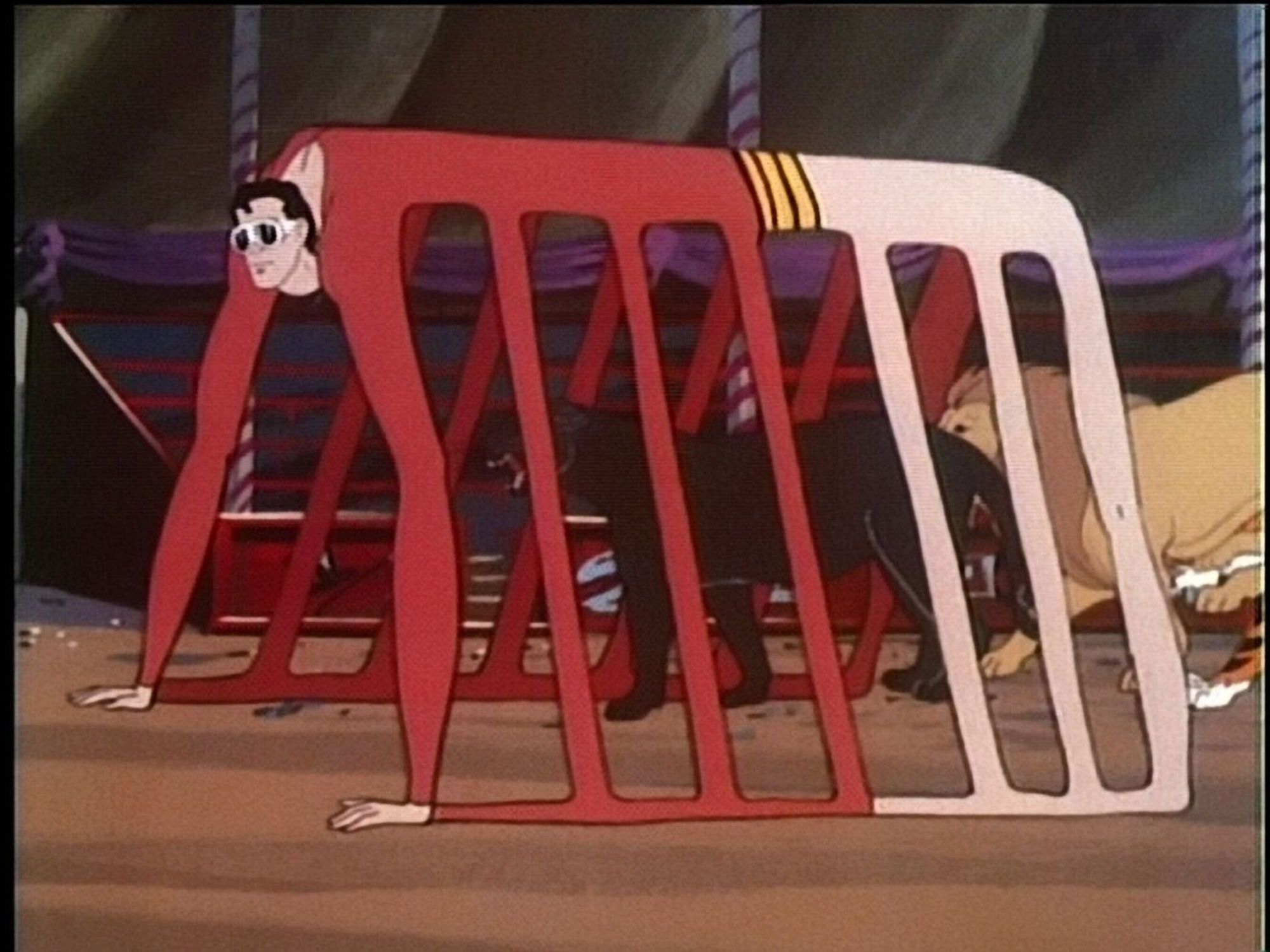 Plastic man stretching into a cage for a panther. The extra bars come out of his torso and connect to his hands / feet along the ground.