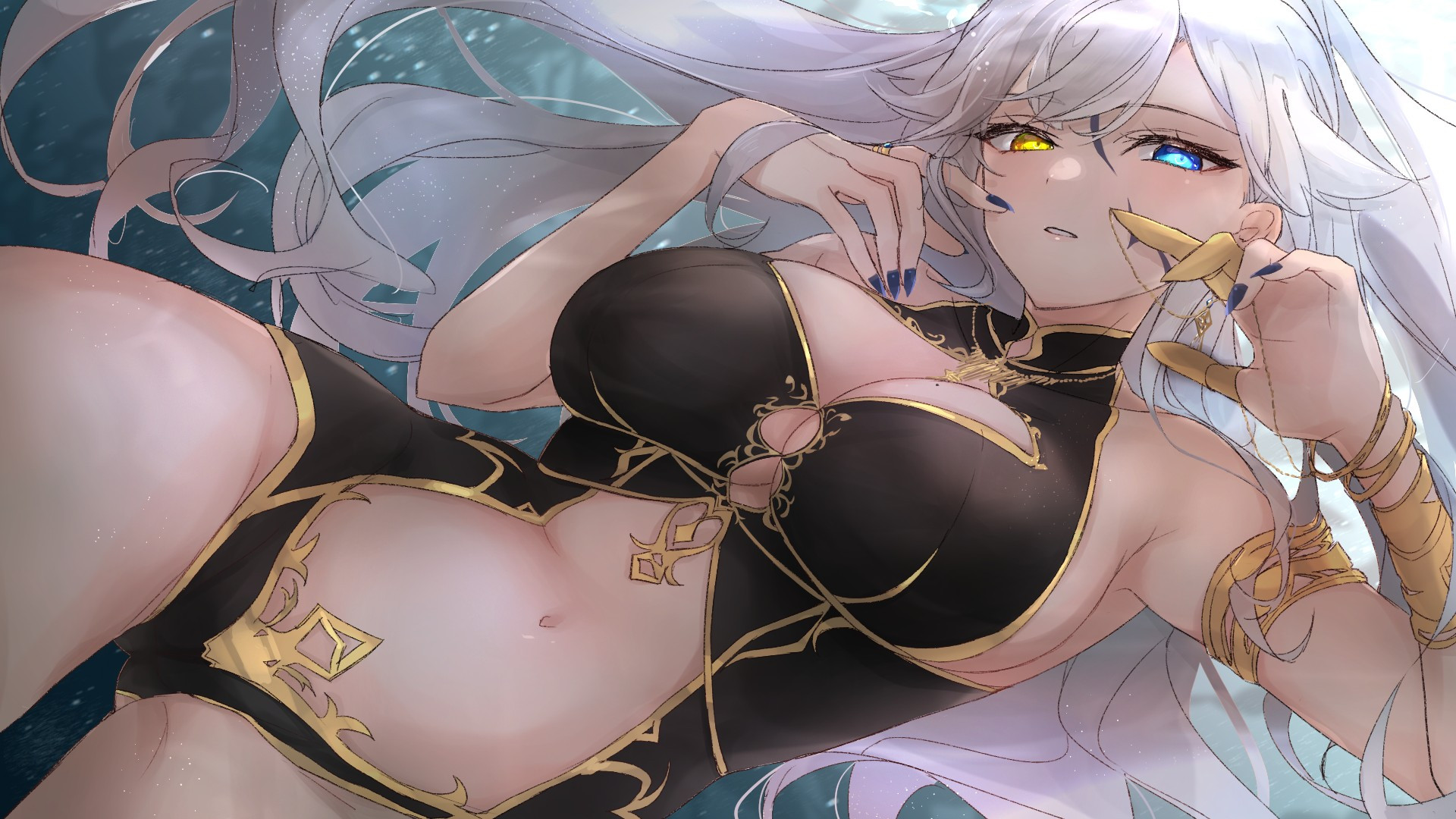 landscape orientationart. dramatic lit from top and behind. my vtuber model (fox goddess with white hair and blue yellow heterochromia eyes and black and gold body suit) in a confident domineering seductive pose over the viewers position with flowing hair. art by twt_vv202