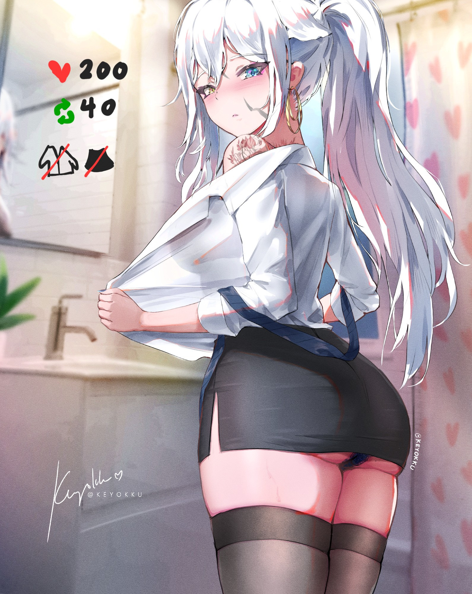 my art of my vtuber original character. office lady in the bathroom her white hair up in ponytail  wearing white shirt and short skirt and thigh highs looking back at the viewer blushing while holding shirt. sink, heart pattern shower curtains and mirror visible behind her