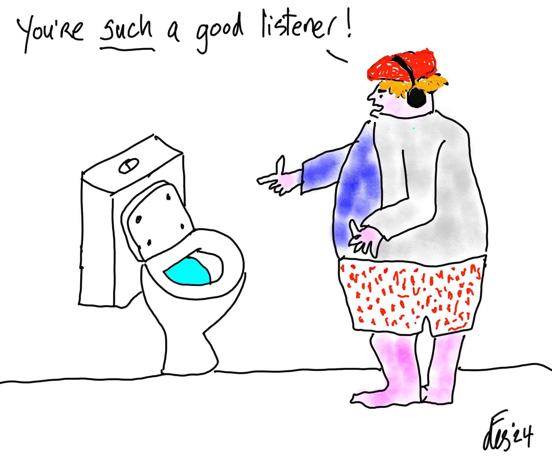 A cartoon of a man in jogging apparel pointing at and talking to a toilet saying, "You're such a good listener!" Any resemblance to a former Prime Minister of the UK is undoubtedly accidental.