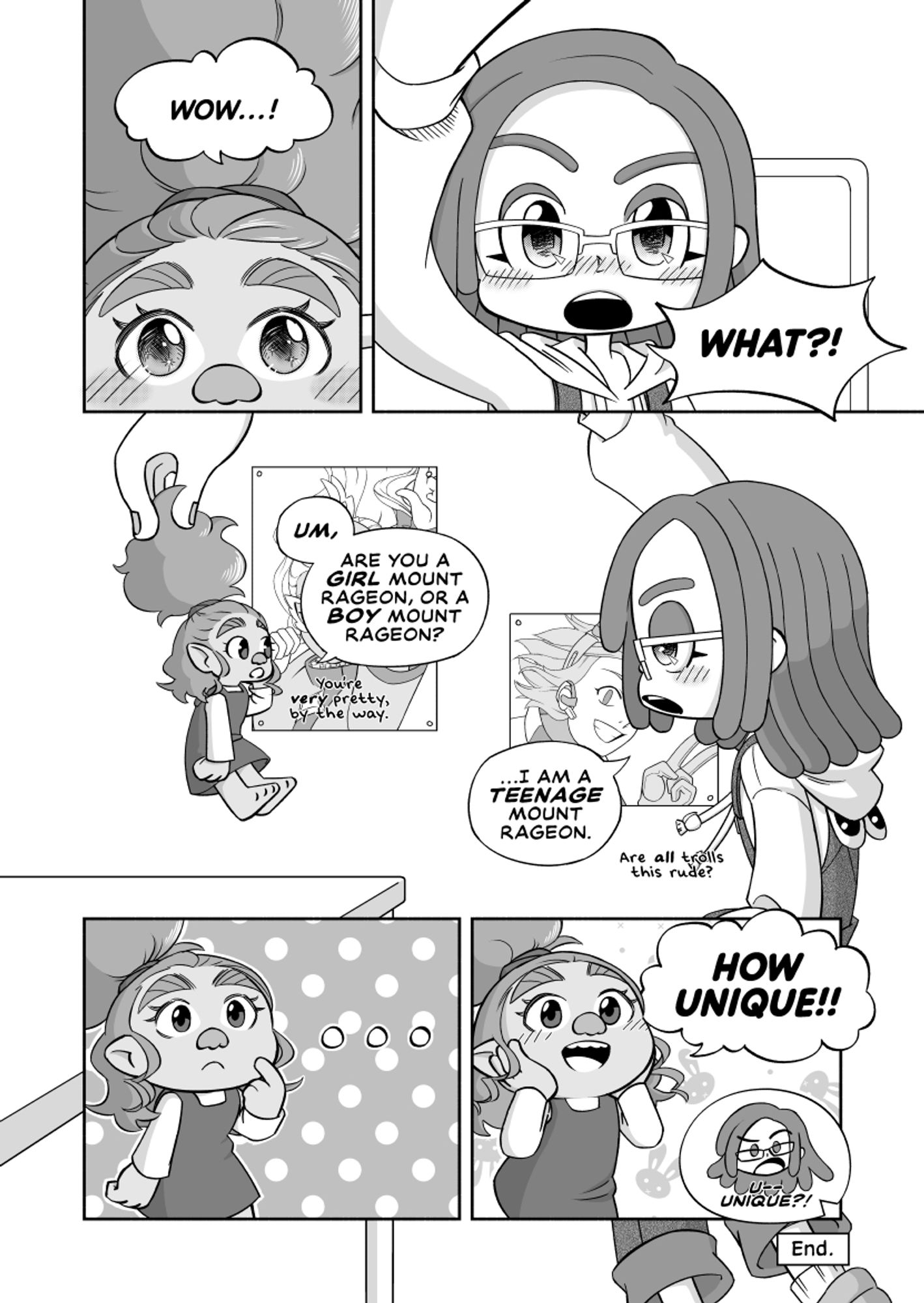 Page 2 of a Dreamworks Trolls AU featuring my OCs! Amity and Riley speak to each other. Amity being the bubbled cis-girl she is, is both in awe of, and confused by Riley's looks and gender expression. Riley beats around the bush in explaining that they're non-binary. In a clueless (ignorant) way, Amity think's that's unique!