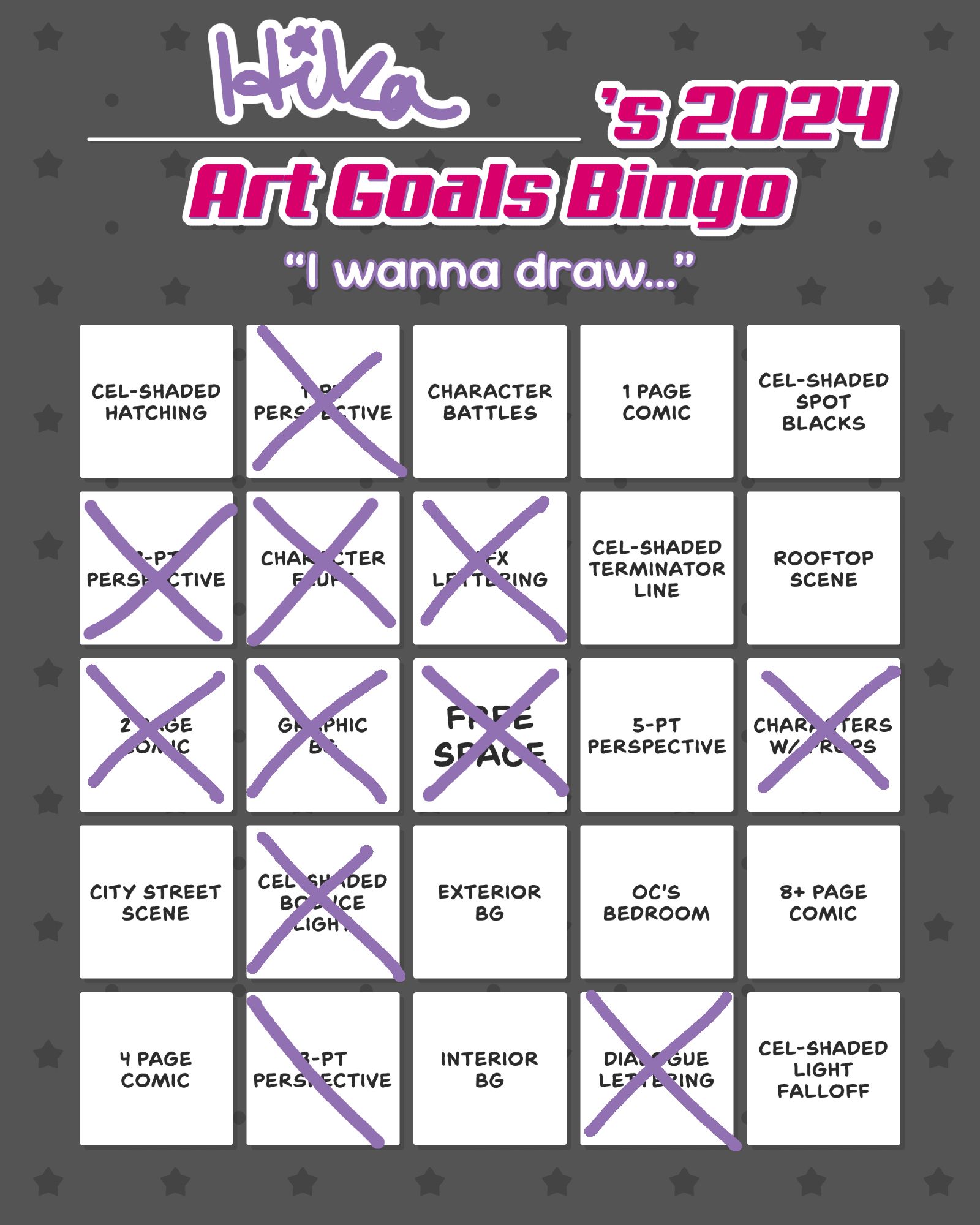 My Art Goals Bingo card, with goals related to comic stuff, drawing backgrounds, and different ways of rendering. Marked.