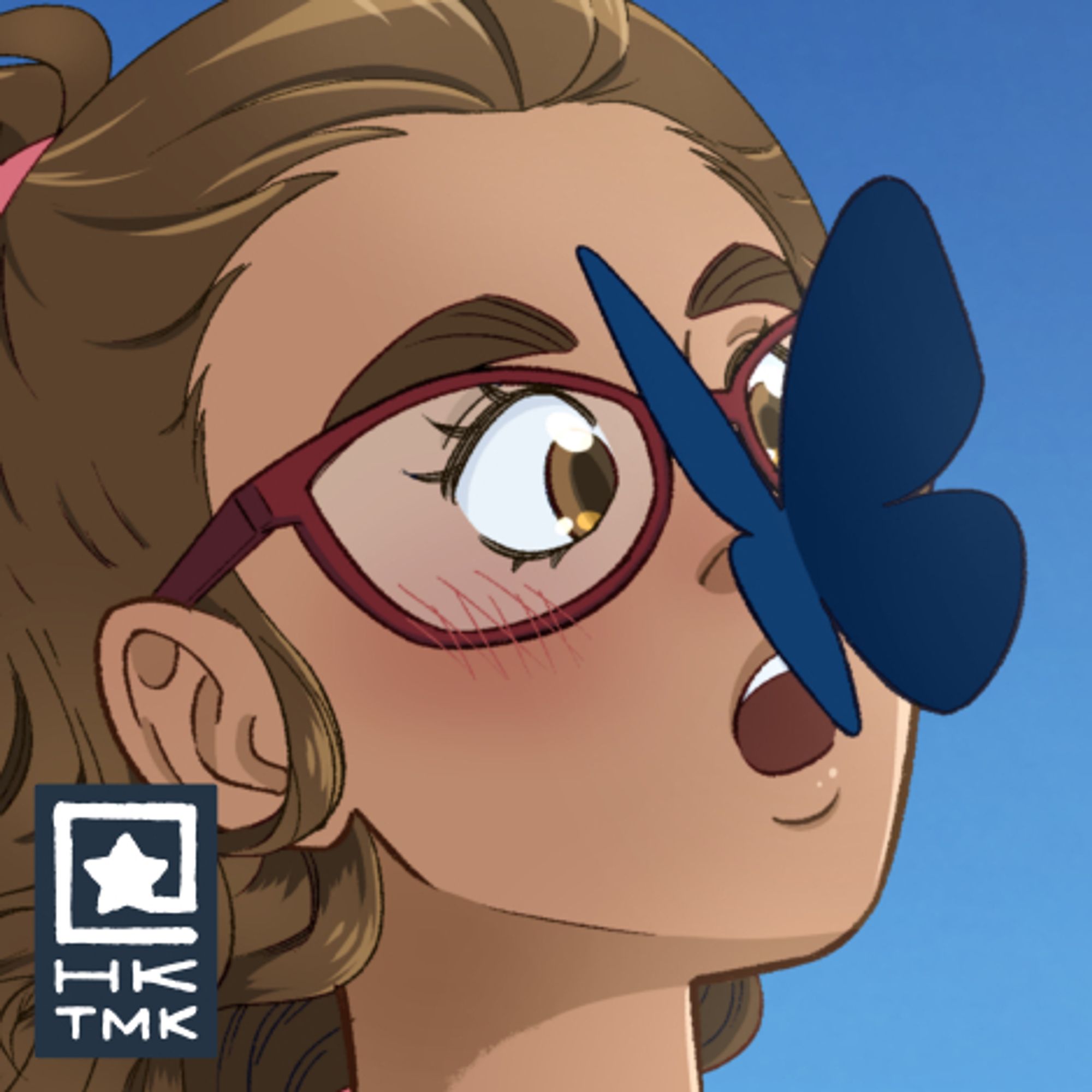 My original character Amity with a BlueSky logo butterfly on her nose. She seems surprised by it. Digital drawing.