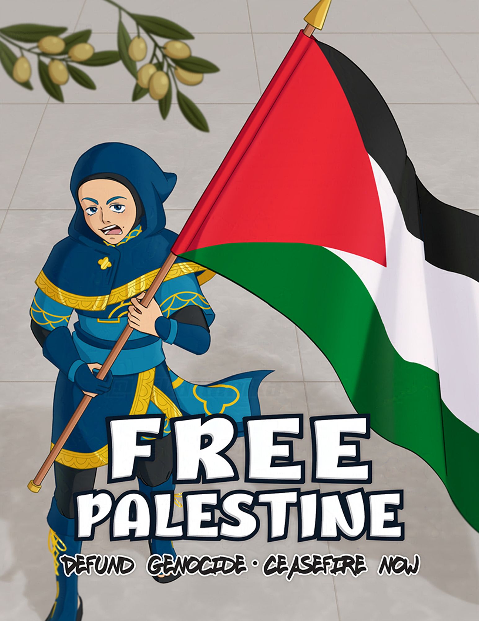 My original character, a blue, hijabi, magical hero, marching with a Palestinian flag. Olive branches hang from a tree. Text says: Free Palestine, Defund Genocide, Ceasefire Now