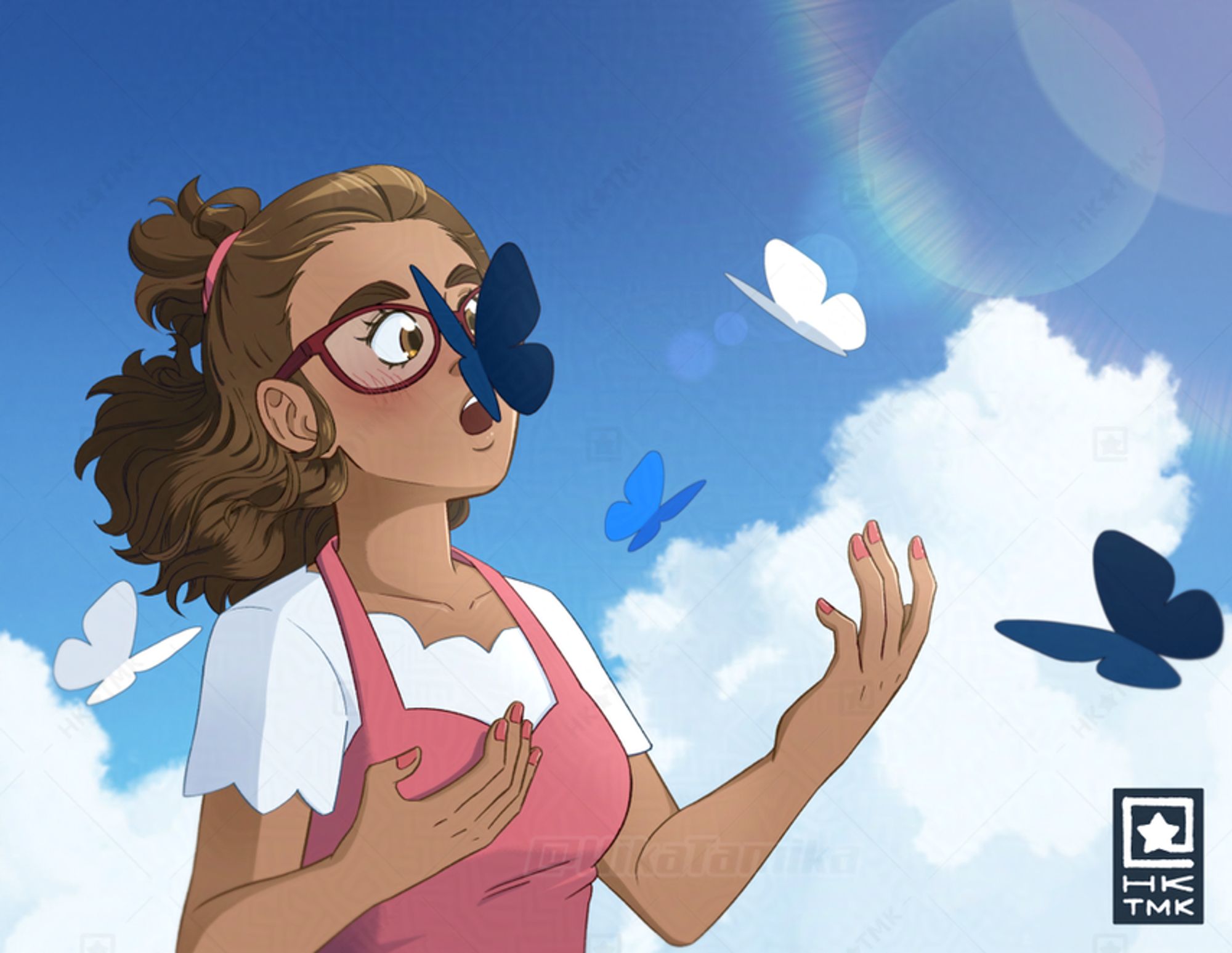 My OC Amity surrounded by BlueSky Butterflies. She gasps, surprised, as one lands on her nose. There are puffy white clouds in front of a blue, anime-esque sky behind her.