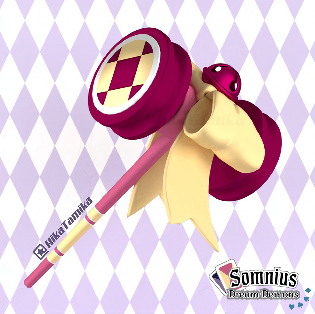 a 3D model of a squeaky hammer with a bow and jingle bell on it