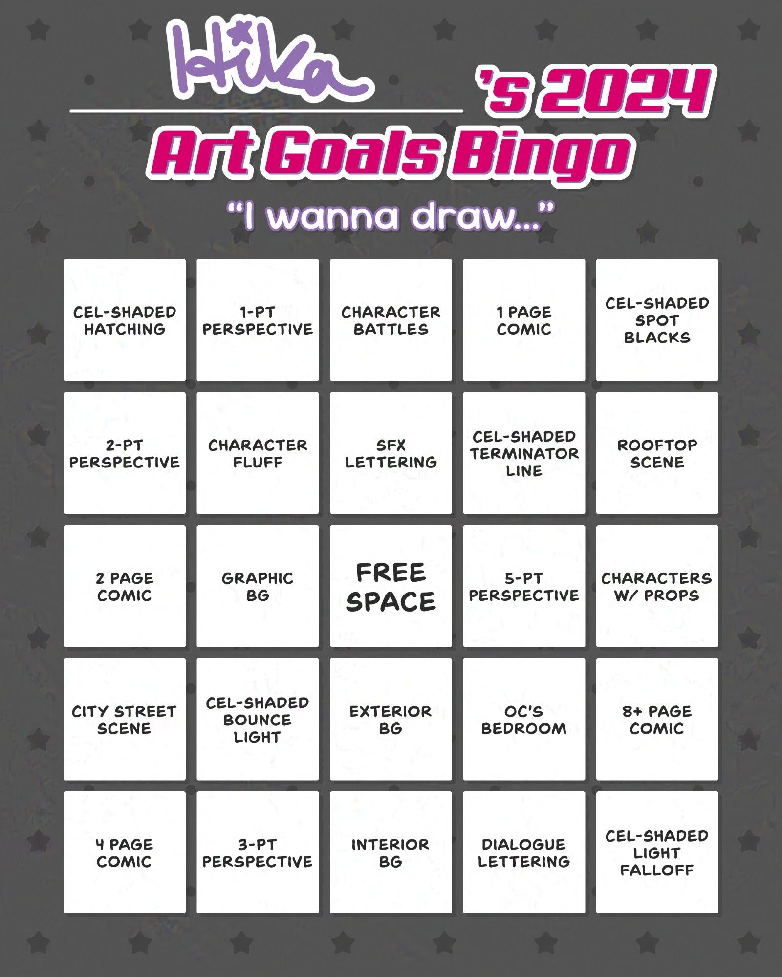 My Art Goals Bingo card, with goals related to comic stuff, drawing backgrounds, and different ways of rendering. Unmarked.