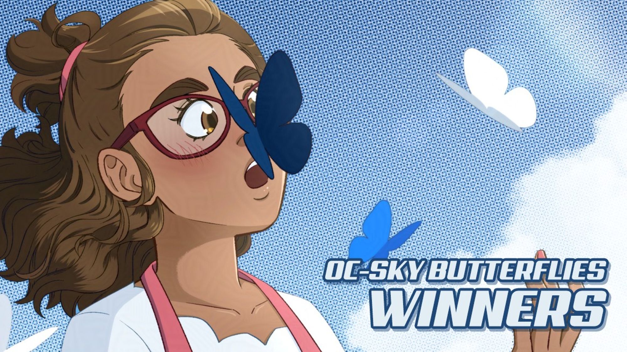 Promotional banner of the OC-Sky Butterflies Challenge Winners Announcement with my OC Amity surrounded by BlueSky Butterflies. One of which lands on her nose.