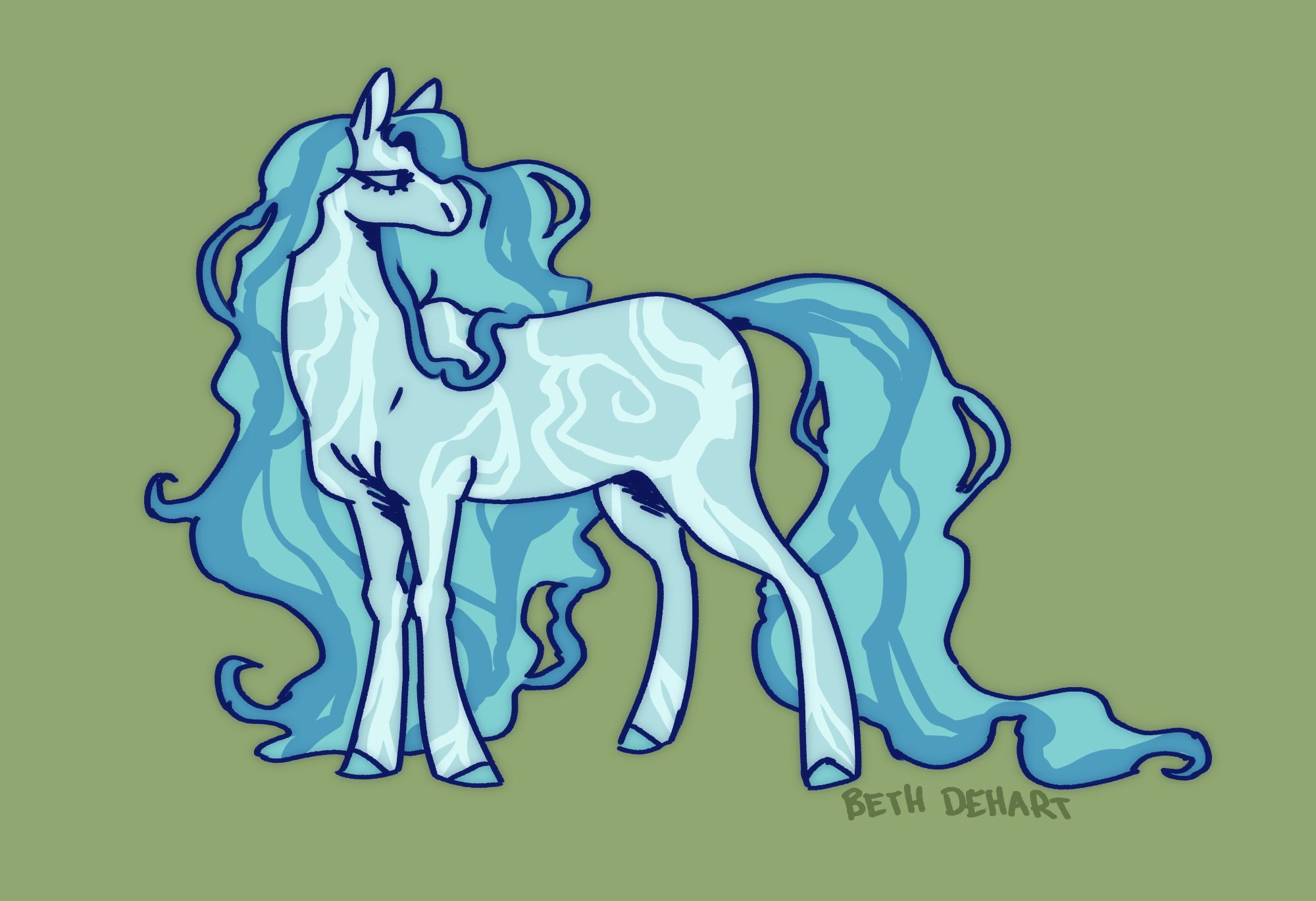 a digital illustration of a horse with a long mane and tail. She is blue with lighter and darker blue river-like markings on her hide and mane.