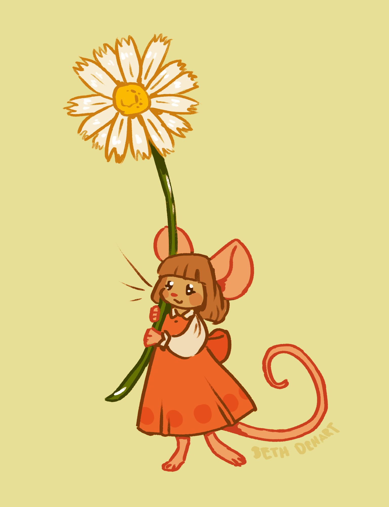 A digital illustration of a mouse wearing an orange dress and holding a daisy. The daisy is proportionally sized to the mouse.