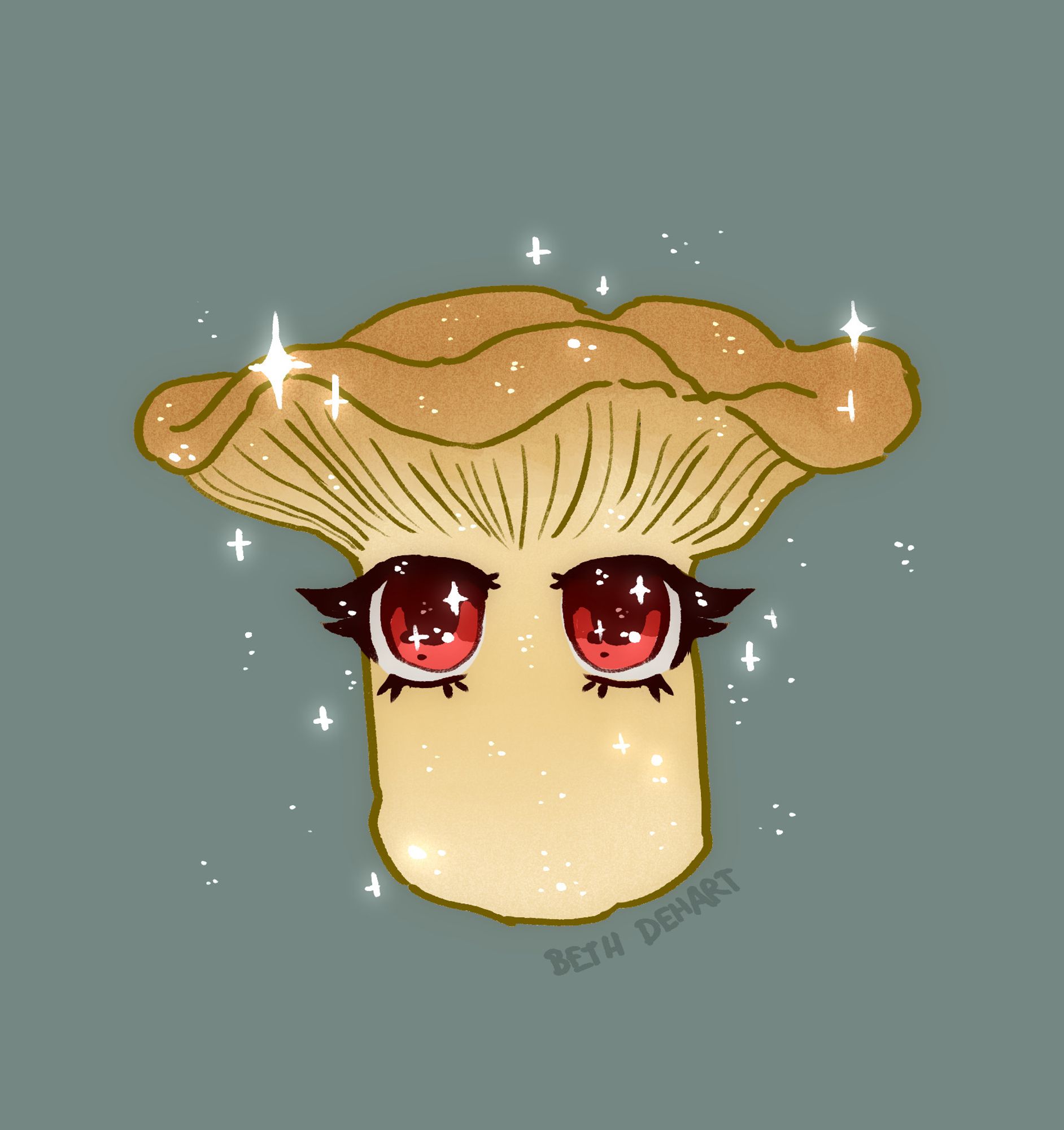 A digital illustration of a chanterelle mushroom with big anime eyes and sparkles.