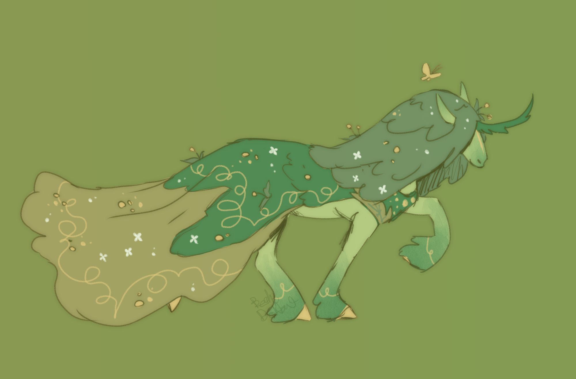 A digital illustration of a green forest-themed unicorn. It is in a mid-trot and is wearing a cloak of greenery.