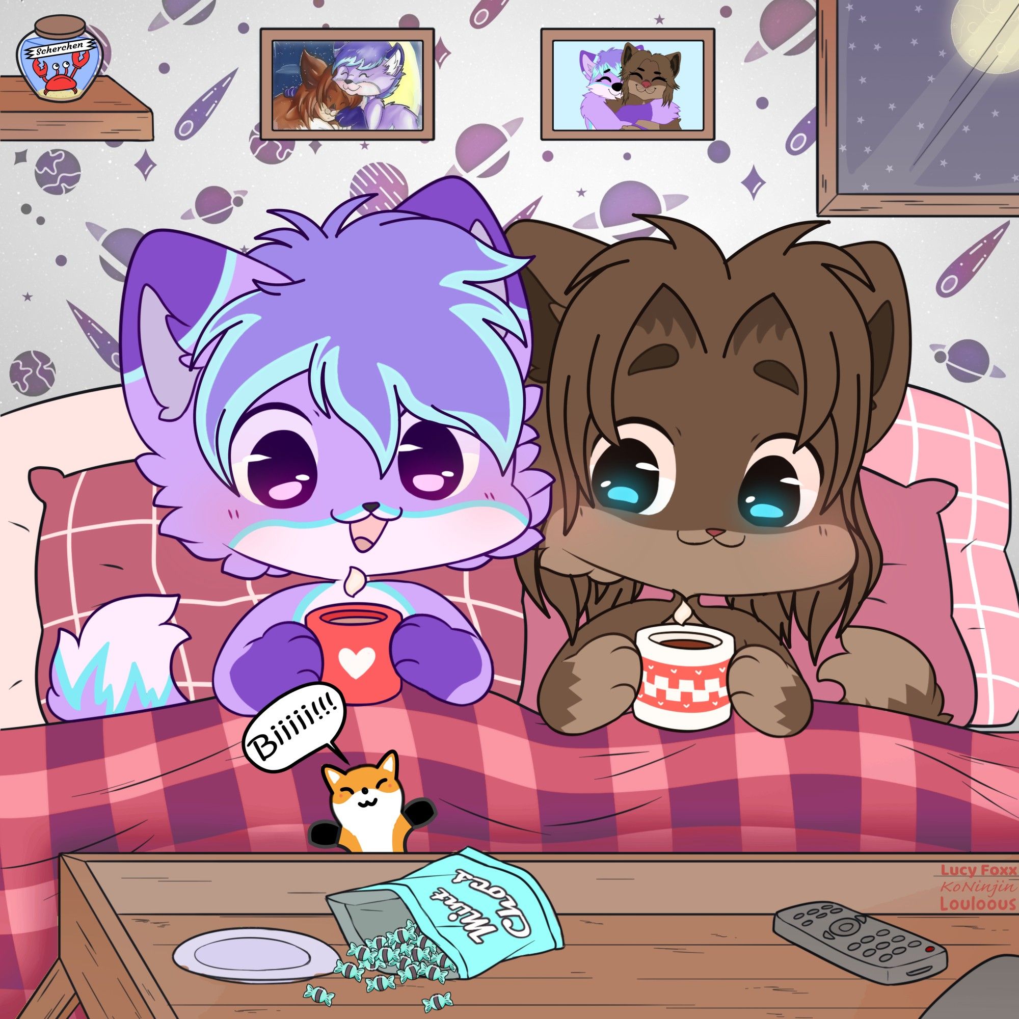 Lucy Foxx and Faelis Skribblekitty laying in the bed holding a cup of tea (or coffee) while watching something.