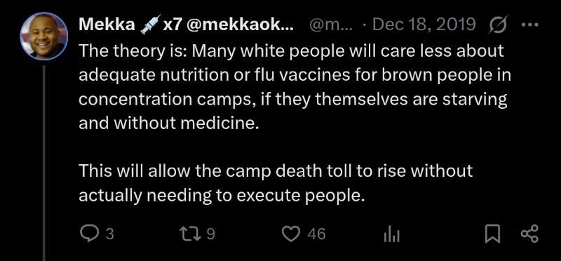 Screenshot of Tweet:

The theory is: Many white people will care less about adequate nutrition or flu vaccines for brown people in concentration camps, if they themselves are starving and without medicine.

This will allow the camp death toll to rise without actually needing to execute people.