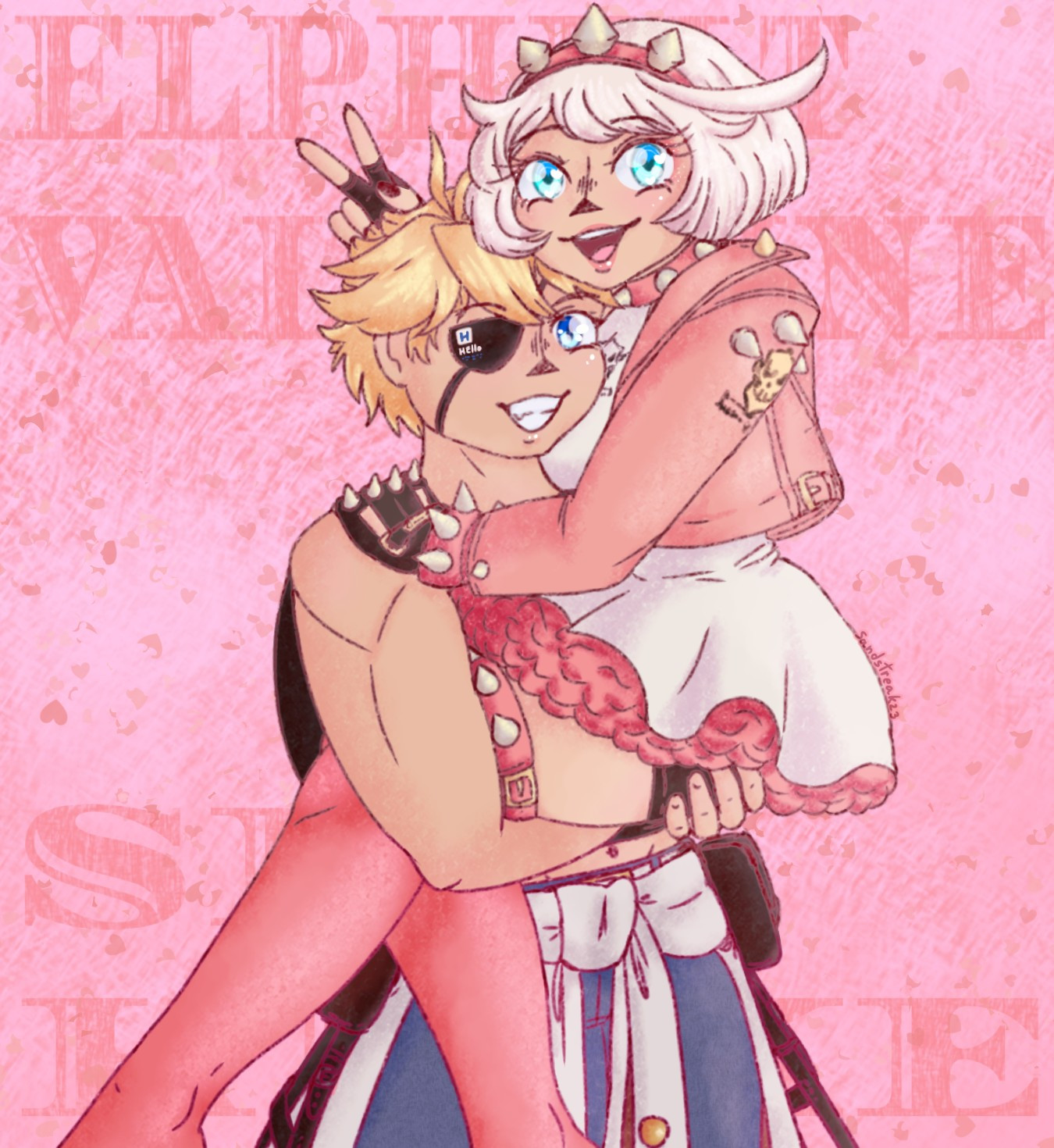 A drawing of Sin Kiske and Elphelt Valentine from Guilty Gear, both facing the viewer and smiling. Sin is lifting Elphelt in his arms and Elphelt is giving Sin bunny ears with her fingers.