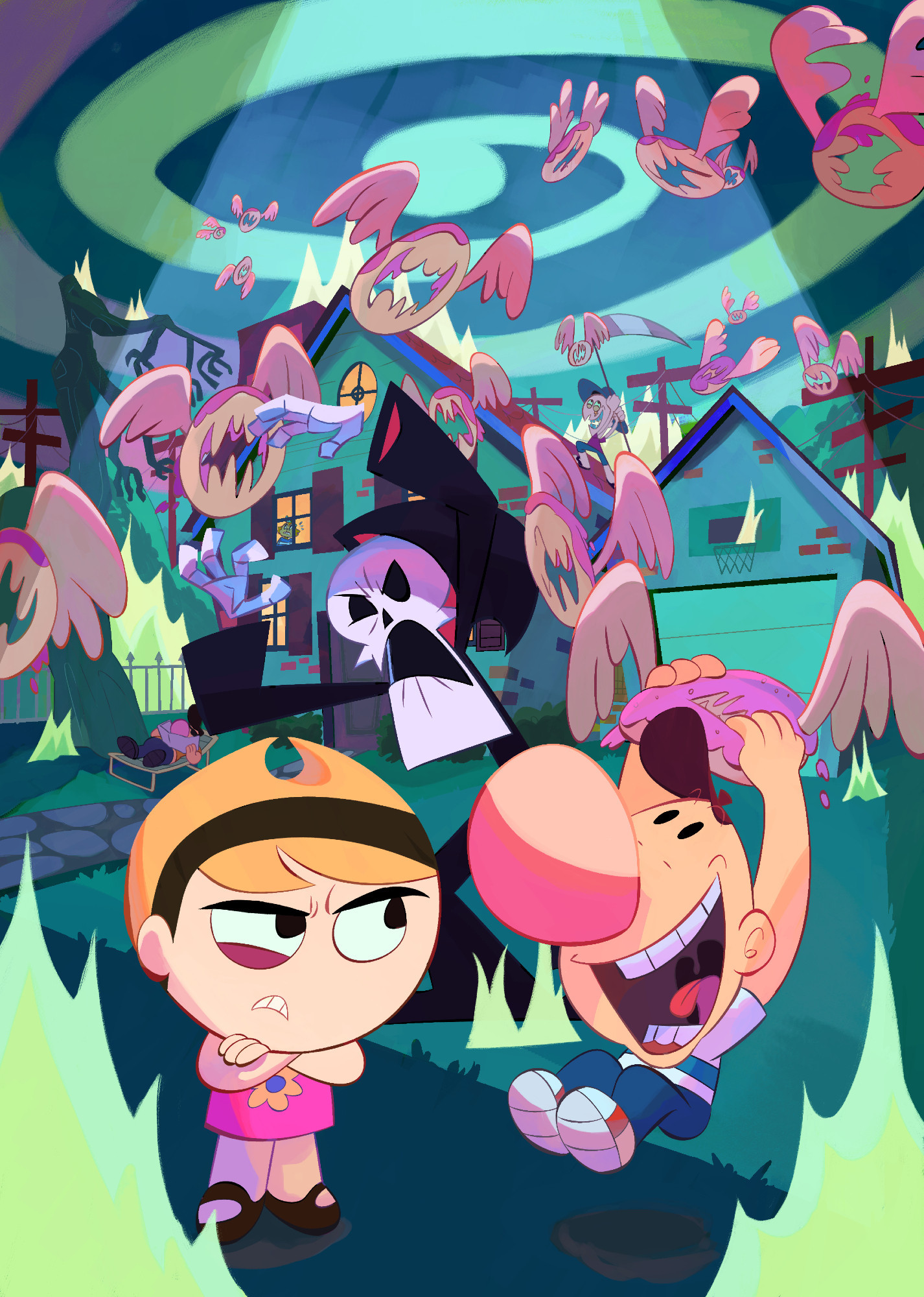 Illustration of Grim, Billy, and Mandy. They are being swarmed by evil flying doughnuts, which General Skarr is seen summoning in the background. Herald is, somehow, unbothered and sunbathing on a lawn-chair.