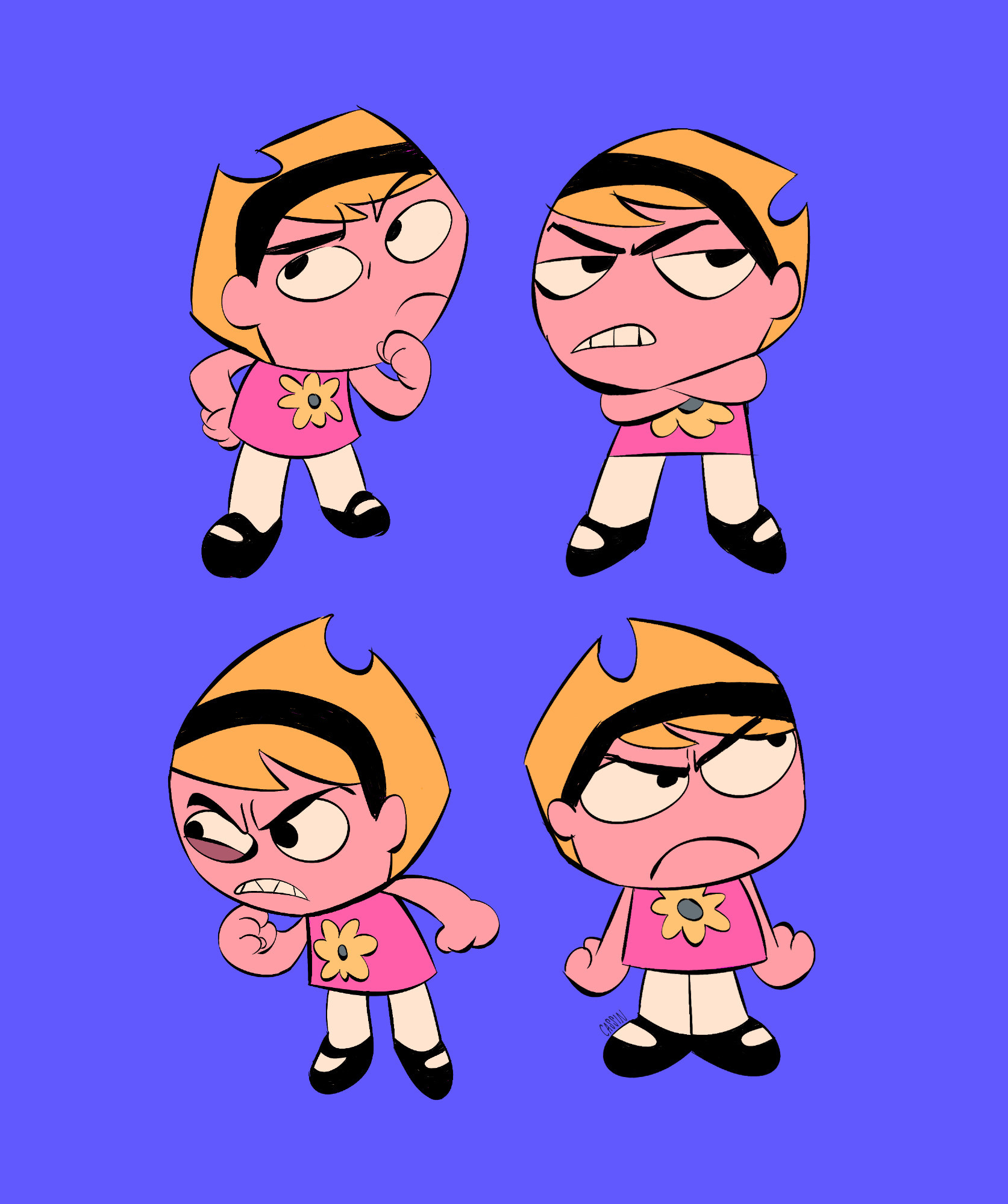 Mandy in four poses on a bright purple background.l