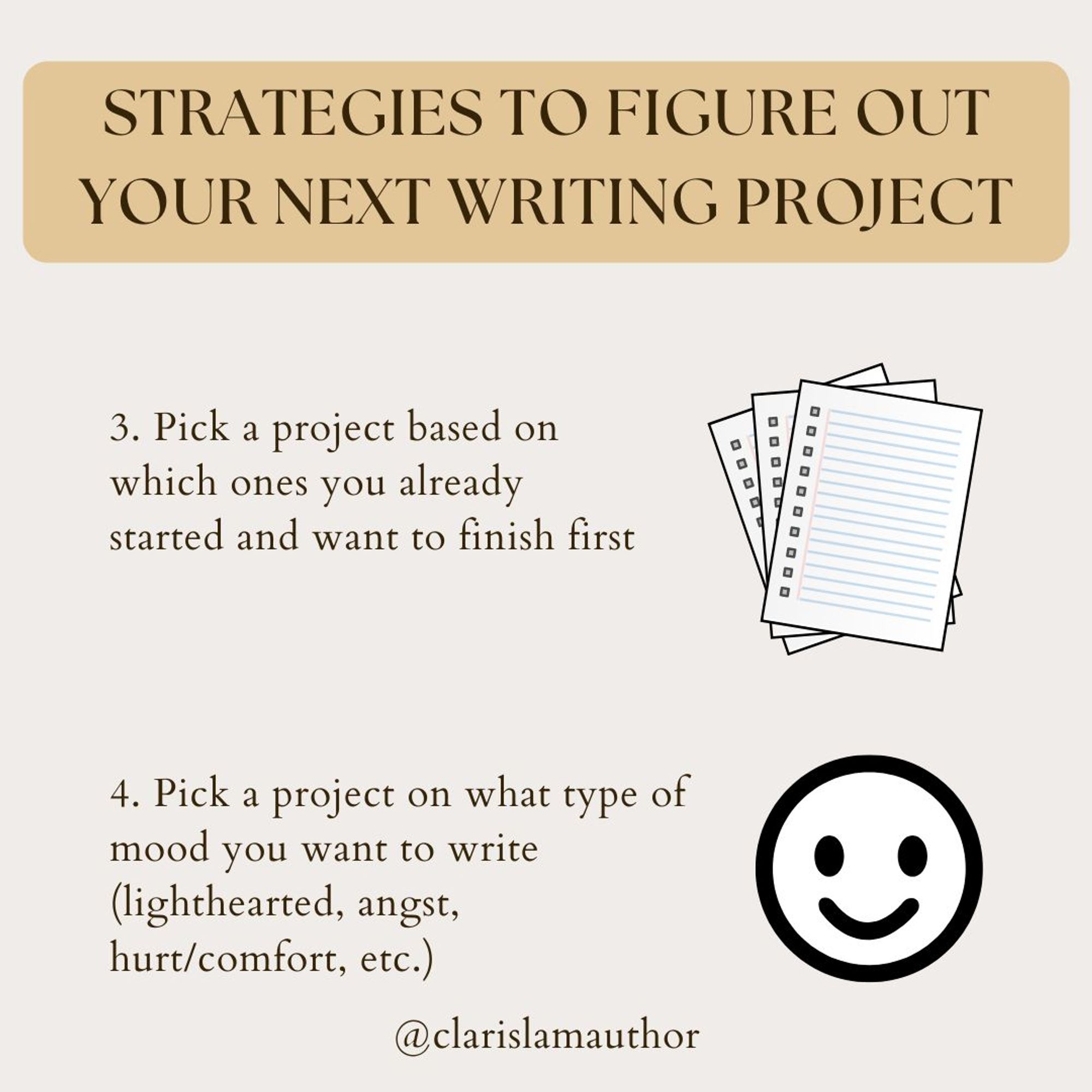 Image reads:  "Strategies to figure out your next writing project:" 3. Pick a project based on which ones you already started and want to finish first, 4. Pick a project on what type of mood you want to write (lighthearted, angst, hurt/comfort, etc.)