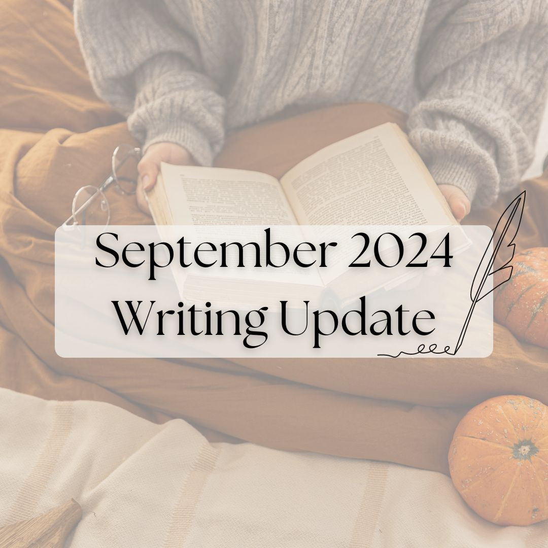 Image reads: "September 2024 Writing Update." The background is a stock photo of a person reading a book surrounded by pumpkins (face not shown), with a transparent white overlay on top.