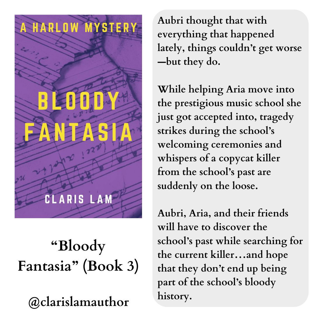 Image shows the cover of "Bloody Fantasia" and the following book blurb: Aubri thought that with everything that happened lately, things couldn’t get worse—but they do.

While helping Aria move into the prestigious music school she just got accepted into, tragedy strikes during the school’s welcoming ceremonies and whispers of a copycat killer from the school’s past are suddenly on the loose. Aubri, Aria, and their friends will have to discover the school’s past while searching for the current killer…and hope that they don’t end up being part of the school’s bloody history.