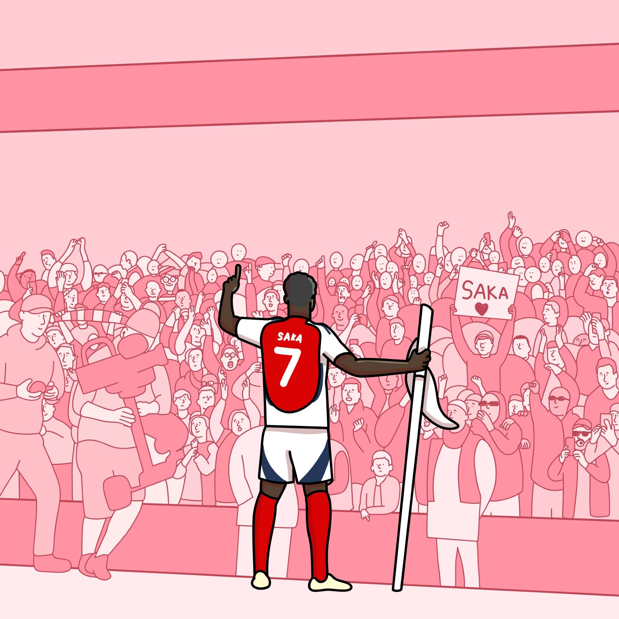 An illustration by @poorlydrawnarsenal.bsky.social. It shows Arsenal's Saka standing by the corner flag in front of the crowd. The background & crowd are all in red shades, and shows a lot of details & faces in the crowd.