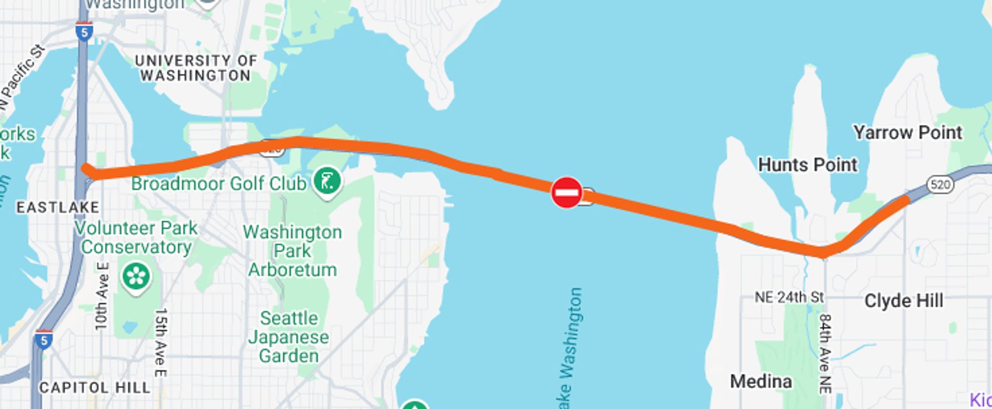 Map showing a complete SR 520 closure between I-5 and Yarrow Point.