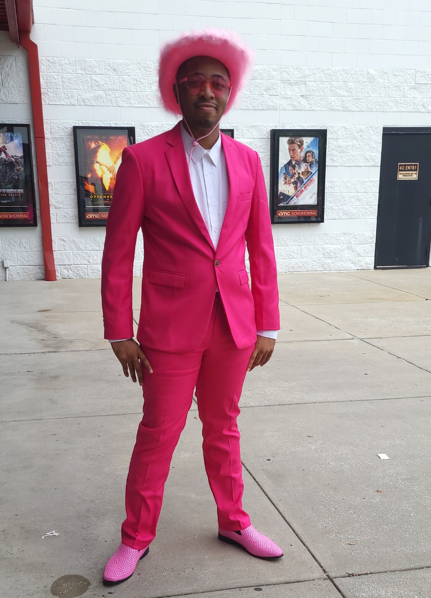 Napo wearing an all pink suit to go see Barbie