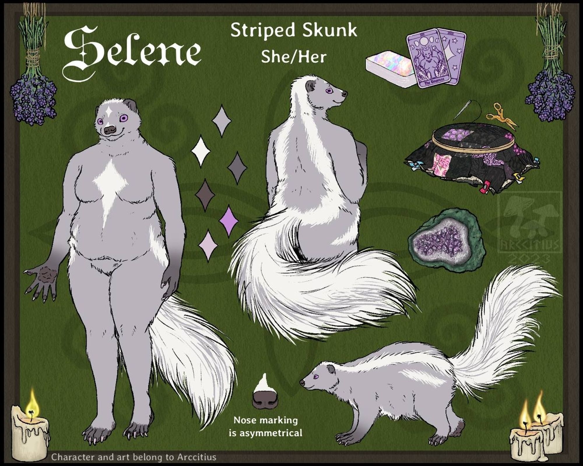 A lavender colored skunk ref sheet of a skunk names selene the ref includes anthro and feral versions allong with tarot cards, a quilt, geode, lavender, and candles