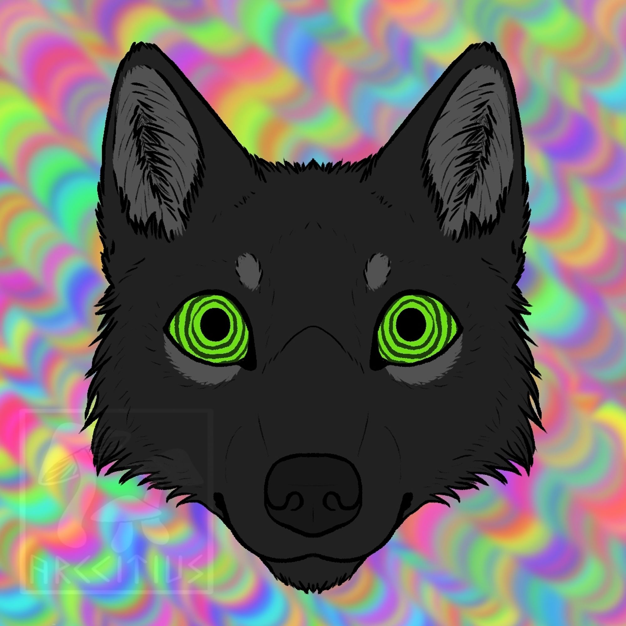 Digital art of a black wolf's head with gray markings and green hypno eyes. The background is a psychedelic wave of colors. #furryart