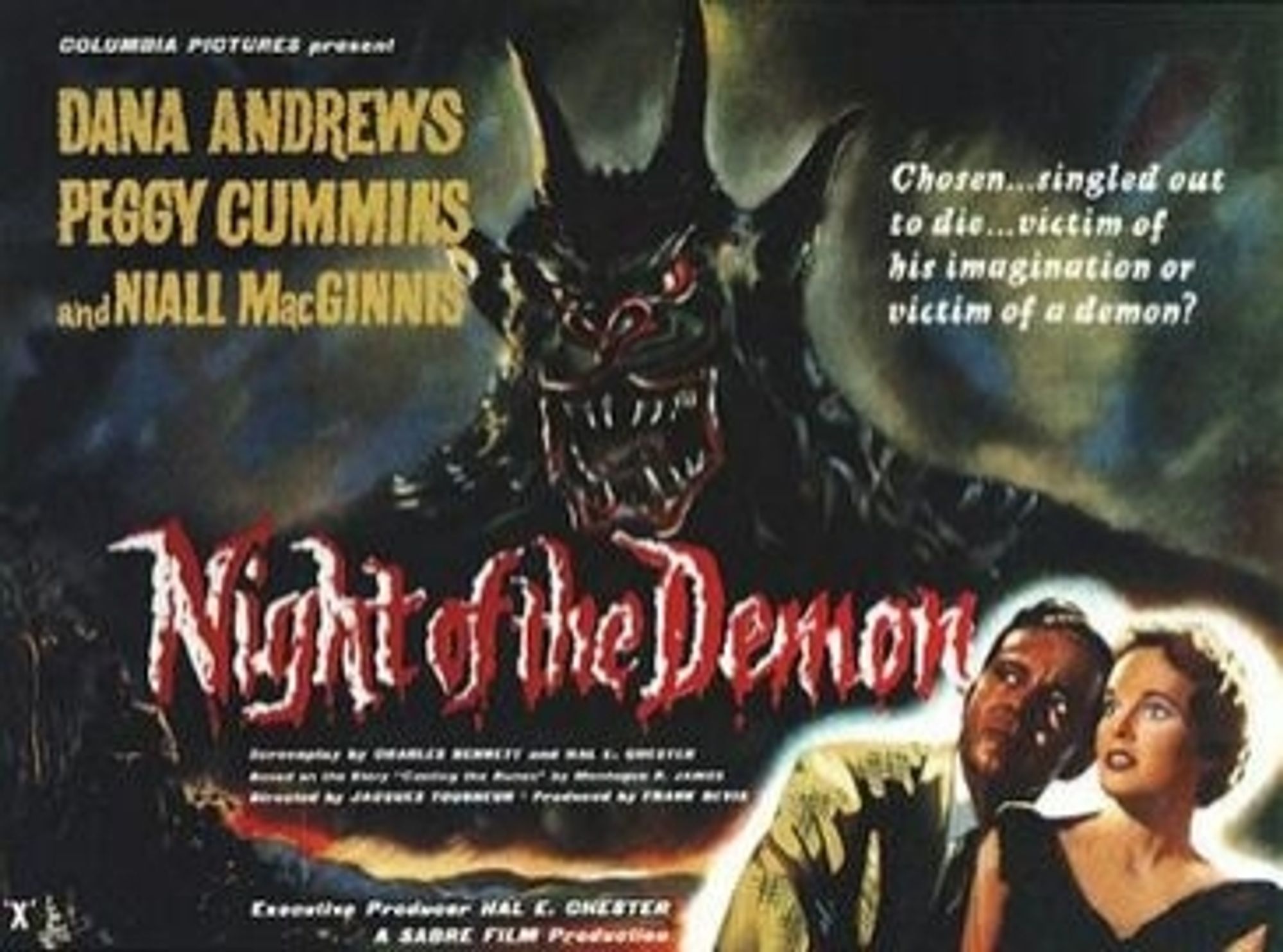 Movie poster for Night of the Demon, listing stars Dana Andrews, Peggy Cummins and Niall MacGinnis