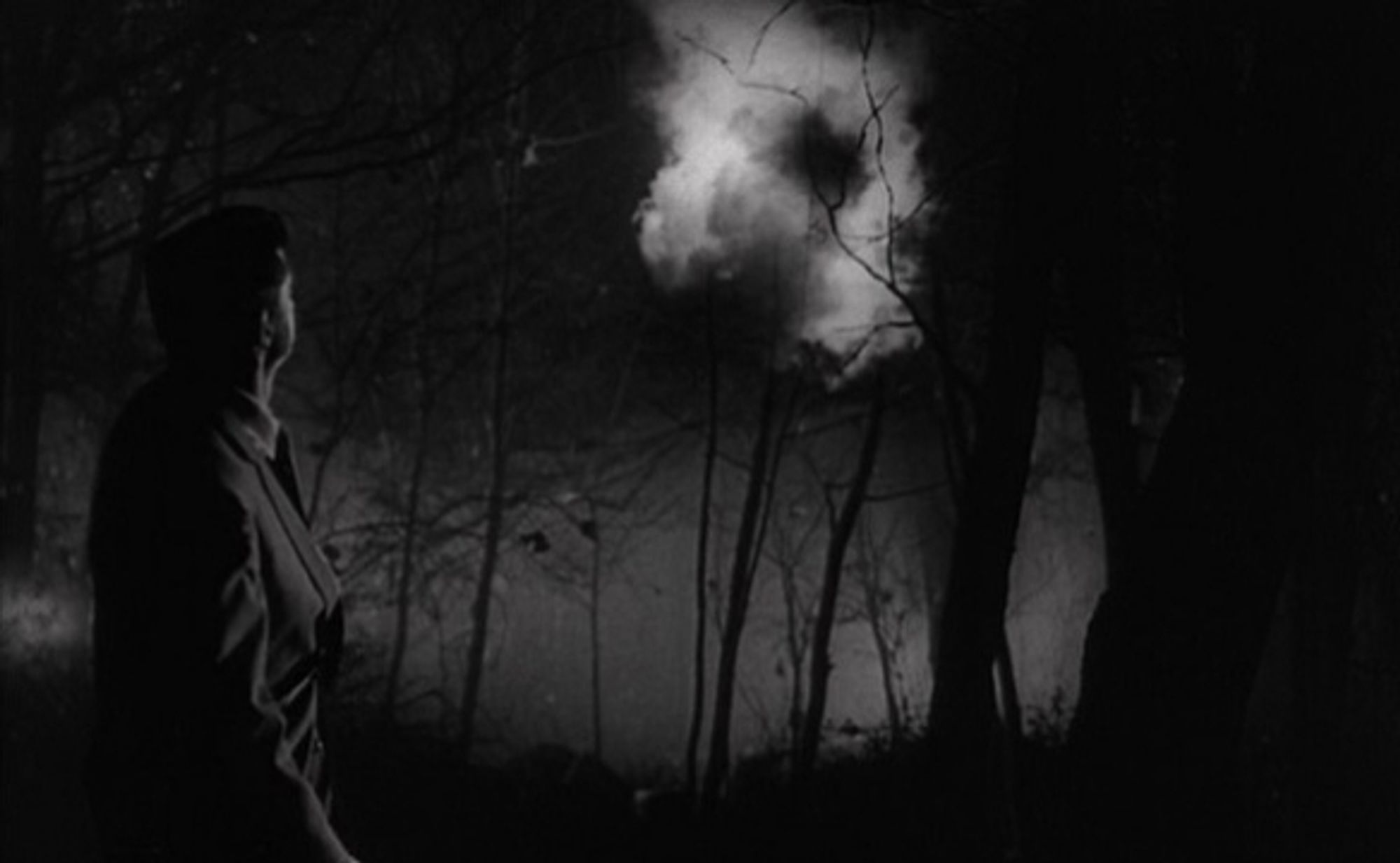 Classic scene from the movie the Night of the Demon, Dana Andrews standing in a wooded area looking up to a dark sky with a cloud of smoke heading his way "it's coming through the trees"