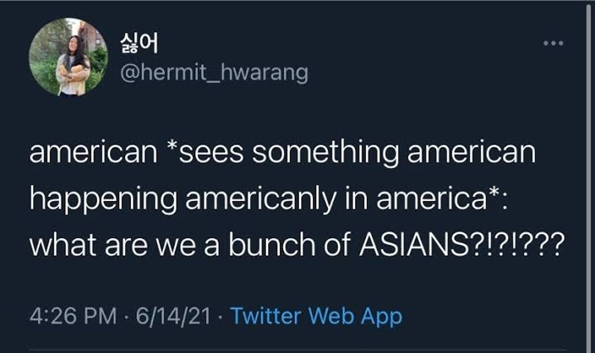 Screenshot of a tweet that reads:
"american *sees something american happening americanly in america*: what are we a bunch of asians?"