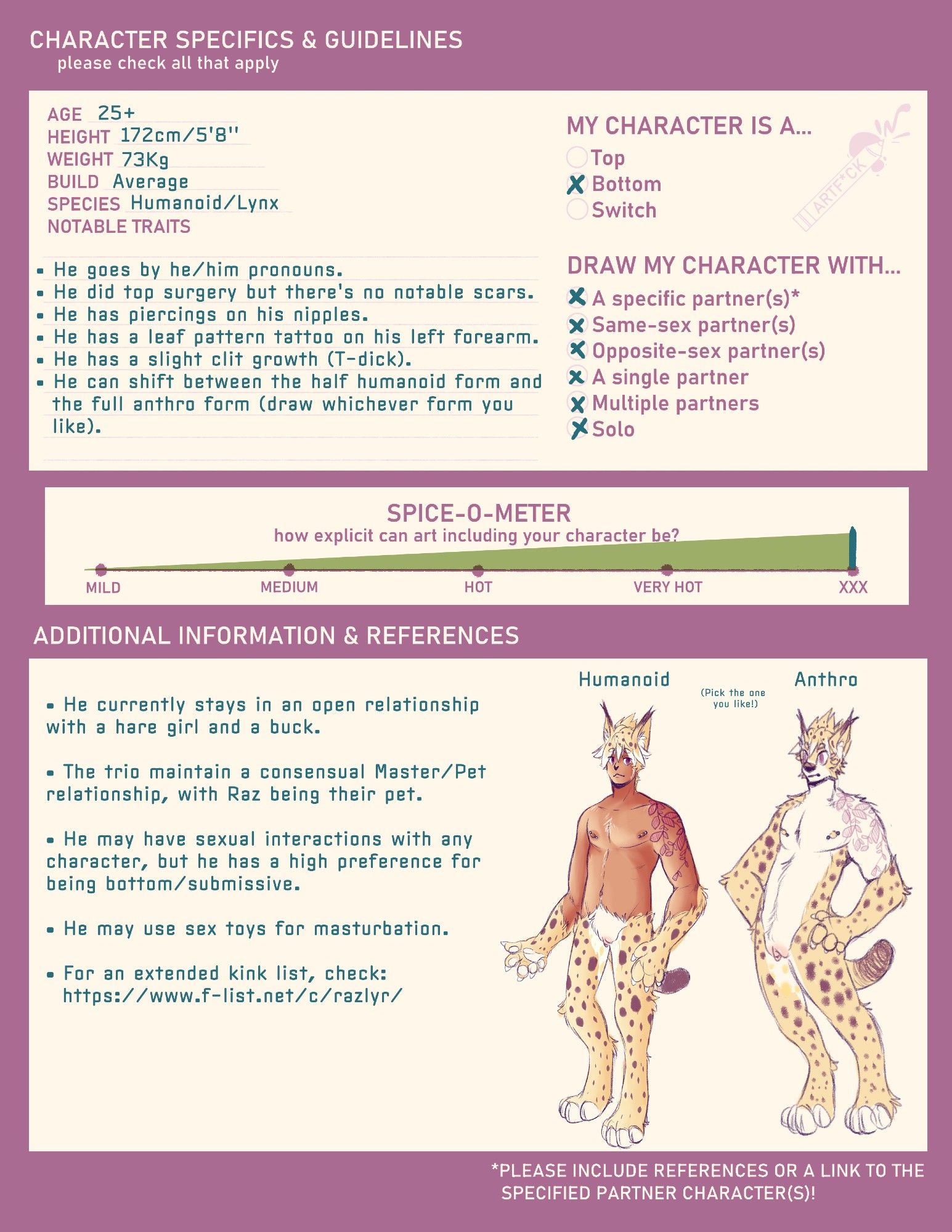 Second part of NSFW ref sheet for my character Razlyr, with bio and details regarding his kinks and preferences.