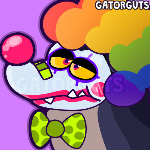 Twitch emote for gatorguts of his purple alligator character wearing a clown outfit. This is including make up, clown nose, green polka dot bow tie, and rainbow clown hair. His expression is very displeased.