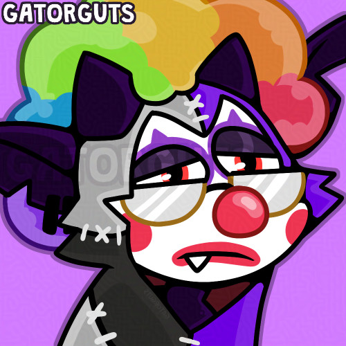 Twitch emote commission for Ginjitivis of his purple goblin-like character, who wears a sitched up purple and grey hoodie, in clown garb-- including make up, clown nose, and rainbow clown hair. His expression is very displeased.