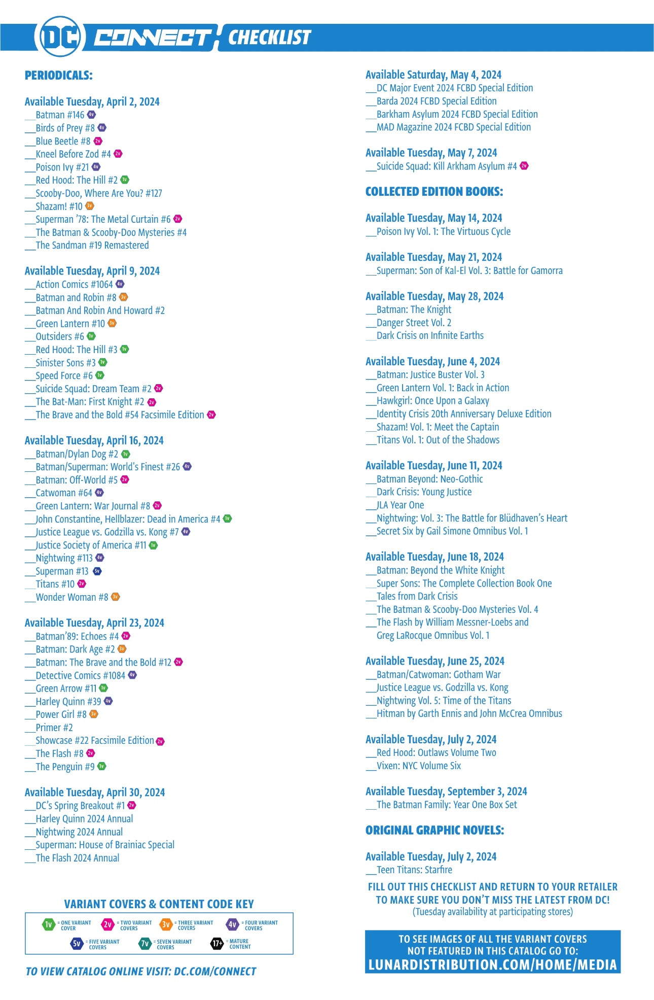 DC Connect #45 with DC Comics’ April 2024 solicitations checklist.