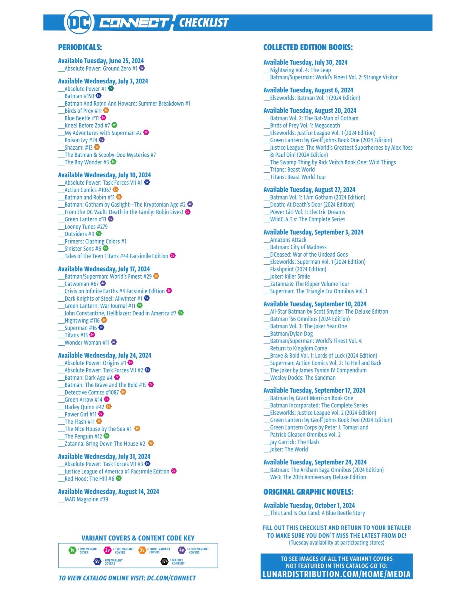 DC Connect #48 with DC Comics’ July 2024 solicitations checklist.