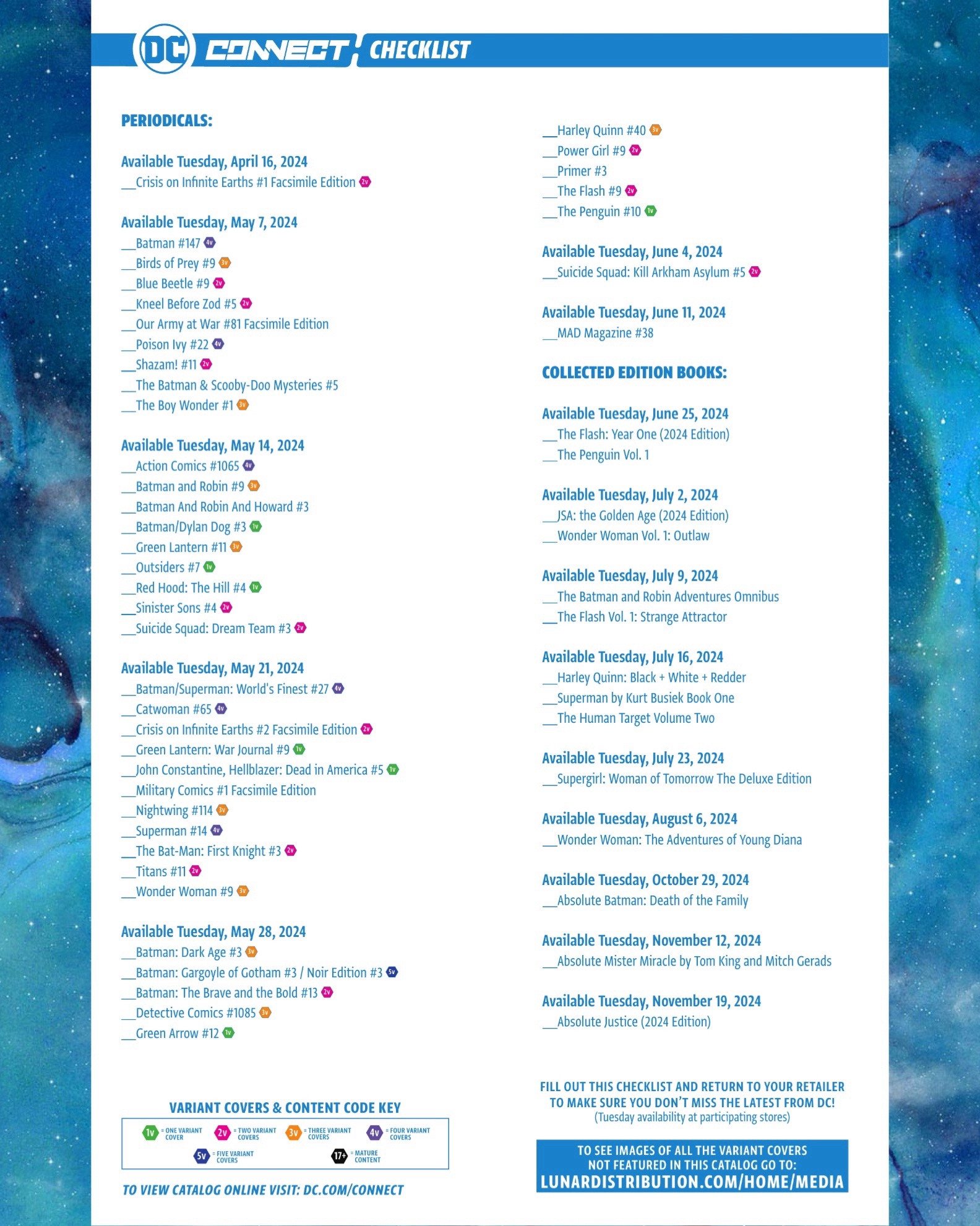 DC Connect #46 with DC Comics’ May 2024 solicitations checklist.