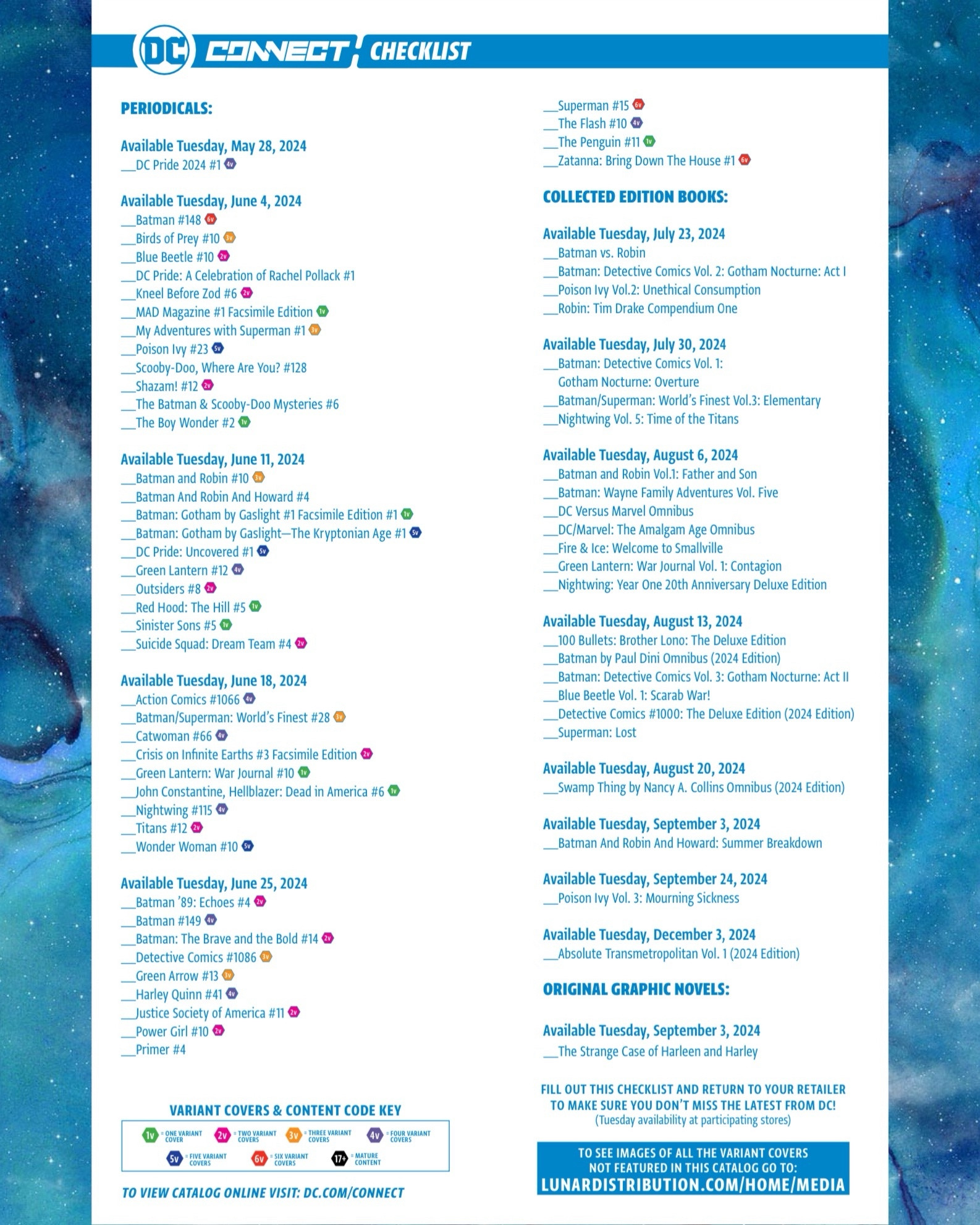 DC Connect #47 with DC Comics’ June 2024 solicitations checklist.