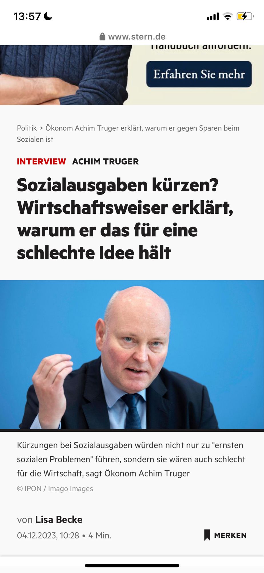 Screenshot des Artikels: “Sozialausgaben kürzen? Wirtschaftsweiser erklärt, warum er das für eine schlechte Idee hält”