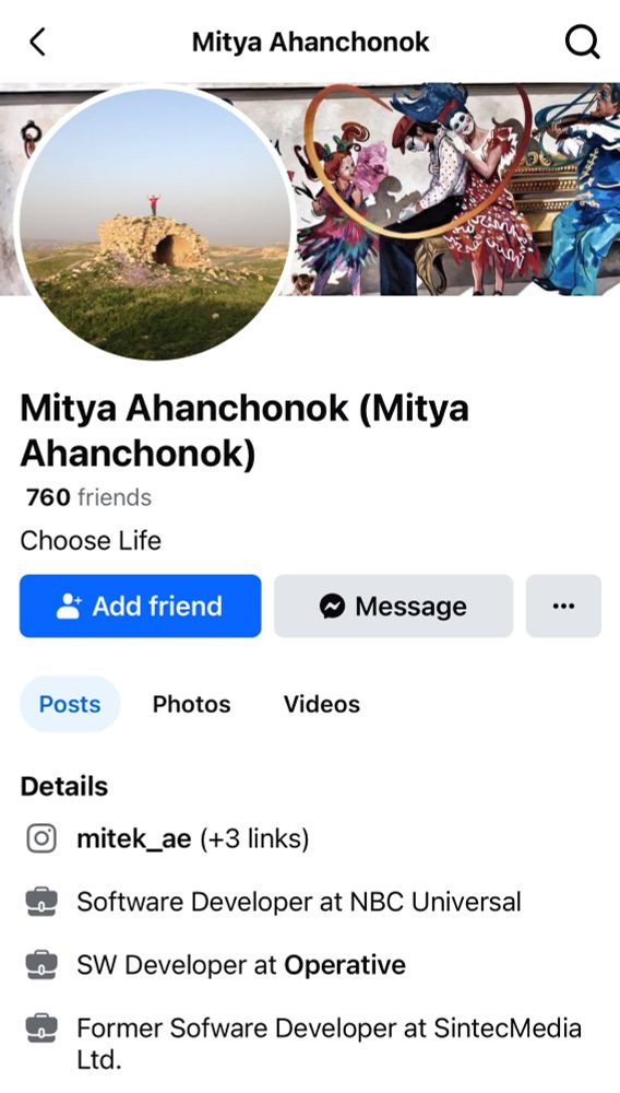 A screenshot of Mitya Ahanchonok's Facebook account. Jobs listed are: Software Developer at NBC Universal, SW Developer at Operative, and Former Sofware (sic) at SintecMedia